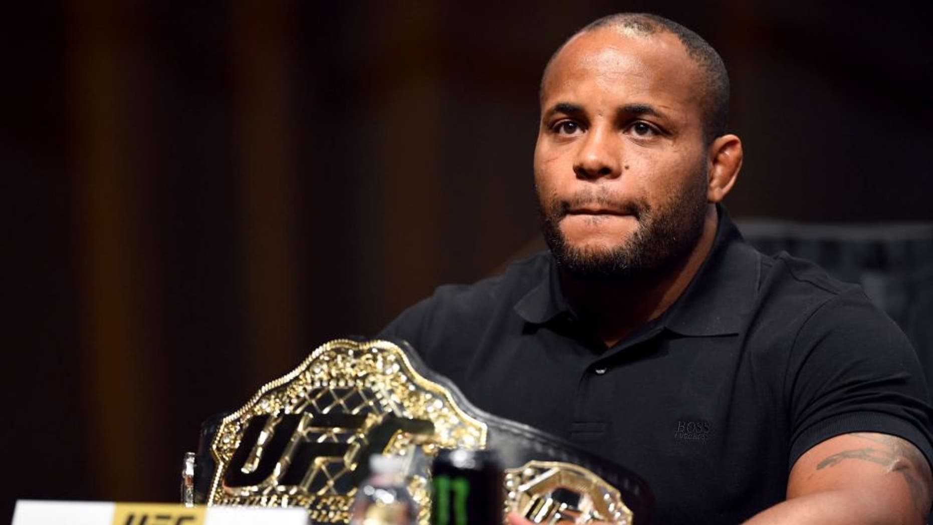 LAS VEGAS, NV - SEPTEMBER 04: UFC light heavyweight champion Daniel Cormier speaks to the media and fans during the UFC's Go Big launch event inside MGM Grand Garden Arena on September 4, 2015 in Las Vegas, Nevada. (Photo by Josh Hedges/Zuffa LLC/Zuffa LLC via Getty Images)