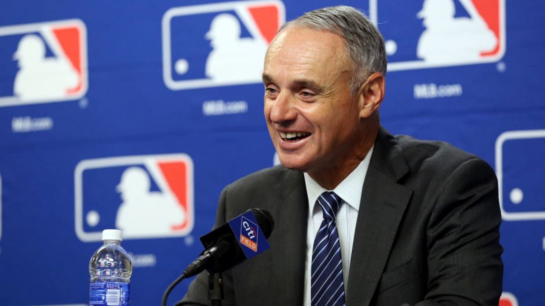 NEW YORK, NY - SEPTEMBER 30: Major League Baseball Commissioner Robert D. Manfred Jr. speaks during the 2015 Sports Diversity & Inclusion Symposium at Citi Field on Wednesday, September 30, 2015 in the Queens borough of New York City. (Photo by Alex Trautwig/MLB Photos via Getty Images)