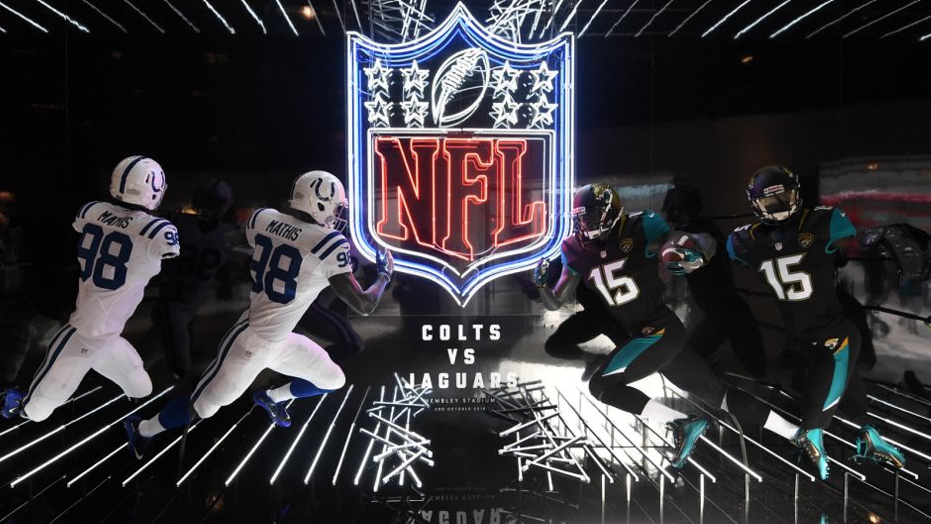 Sep 29, 2016; London, United Kingdom; General view of neon light NFL shield logo and mannequins of Indianapolis Colts linebacker Robert Mathis (38) and Jacksonville Jaguars receiver Allen Robinson (15) at Niketown London. Mandatory Credit: Kirby Lee-USA TODAY Sports