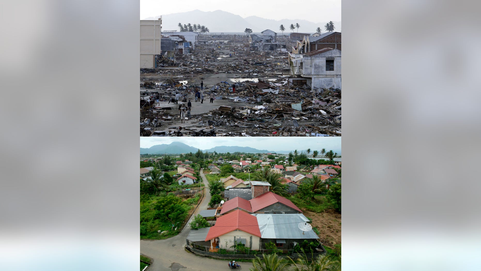 This combination of photos shows areas affected by the earthquake-triggered tsunami which hit Banda Aceh, the capital of Aceh province, Indonesia, on Dec 25, 2004. The top photo shows a devastated area on Dec 31, 2004, six days after the tsunami. The bottom photo shows an area with rebuilt housing on Nov. 19, 2013. Aceh’s reconstruction didn’t always run smoothly, especially during the first year, but it is now almost universally regarded as successful. Around 130,000 houses were built in less than three years, along with scores of airports, roads and schools. It was the biggest construction project in the developing world. The man who steered Indonesia to recovery after the 2004 tsunami has some cautionary words for the Philippines as it begins planning reconstruction after Typhoon Haiyan. Hundreds of thousands of homeless survivors will get angry about living in tents well before houses will be ready for them, and inflation will soon make those houses much more expensive to build. (AP Photo)