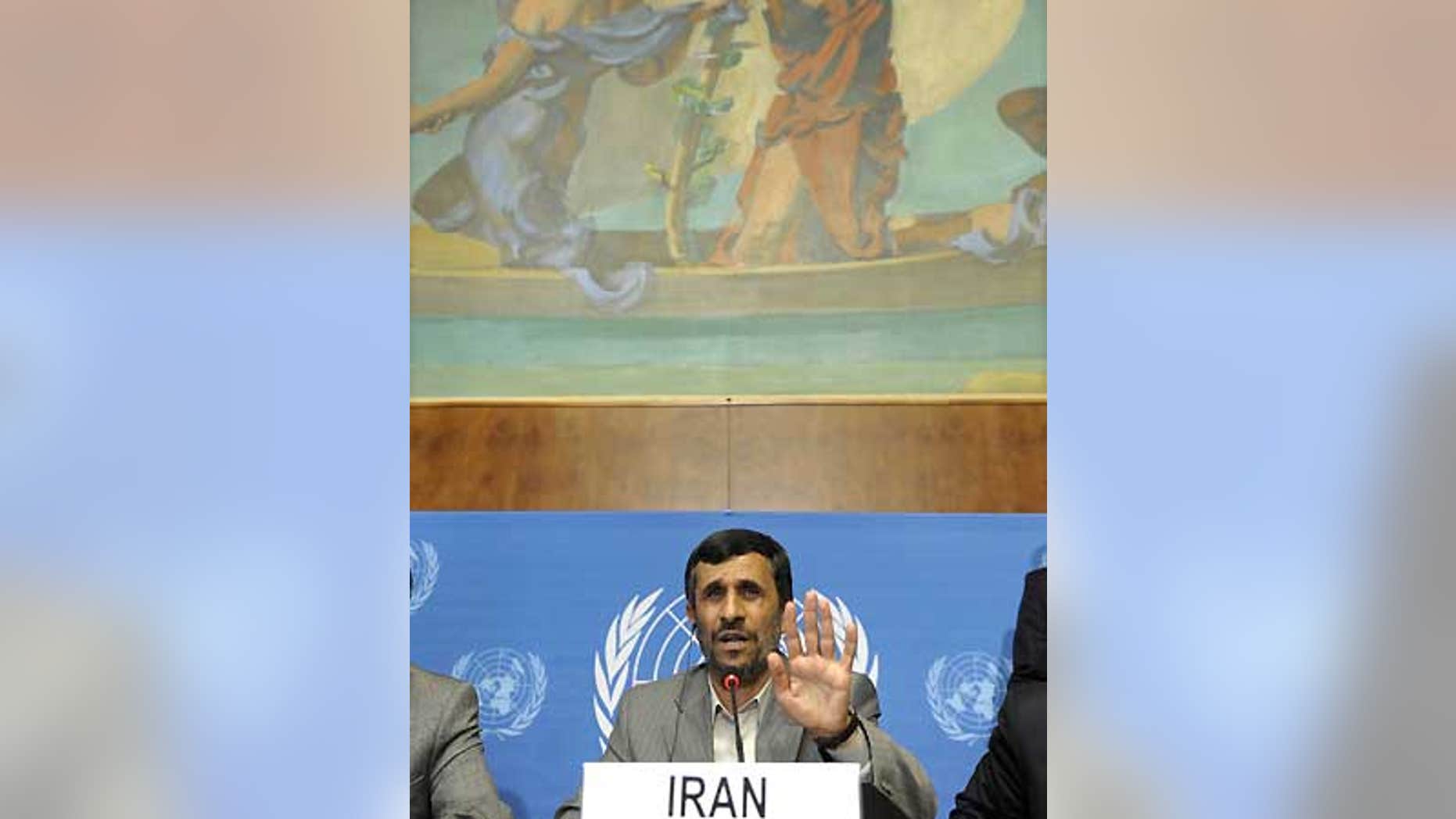 April 20: Iranian President Mahmoud Ahmadinejad speaks during a press conference at the U.N.'s Conference against Racism in Geneva.