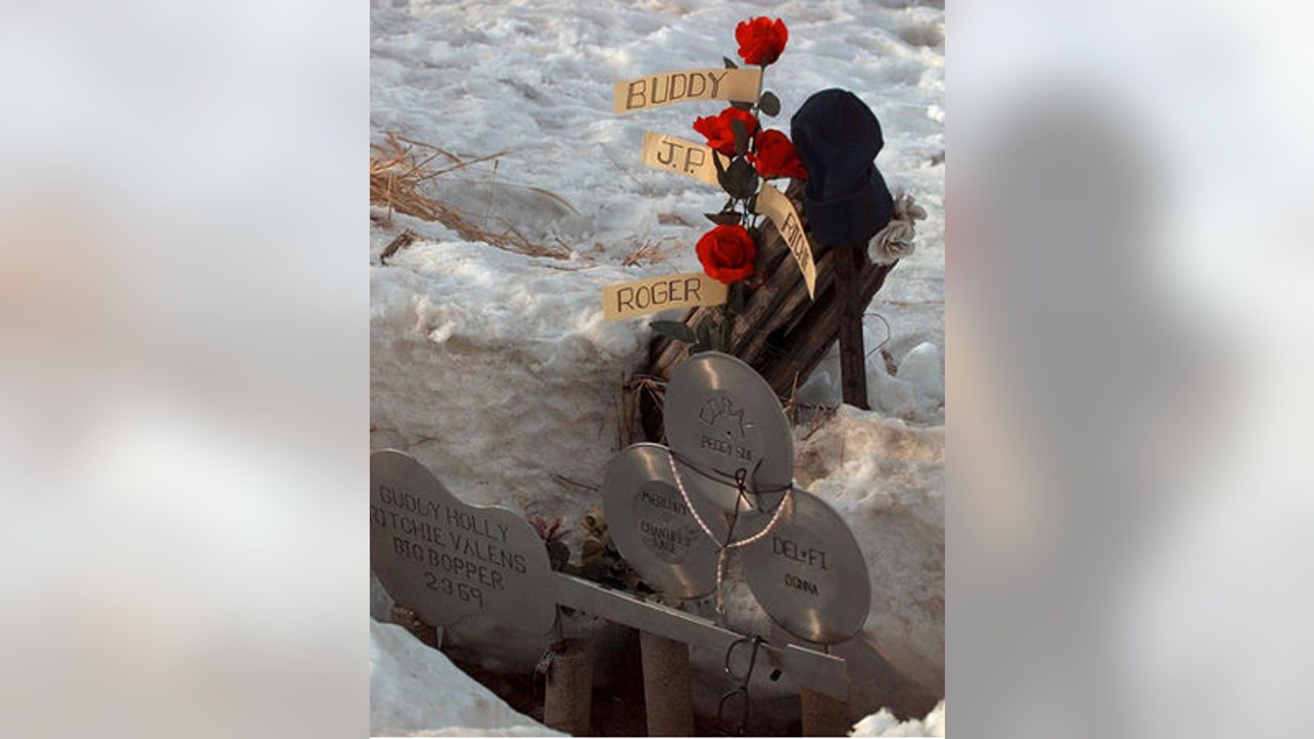 Feb. 6, 1999: A memorial is set up where Buddy Holly, Ritchie Valens, and J.P. The Big Bopper Richardson, died in a plane crash in Clear Lake, Iowa.