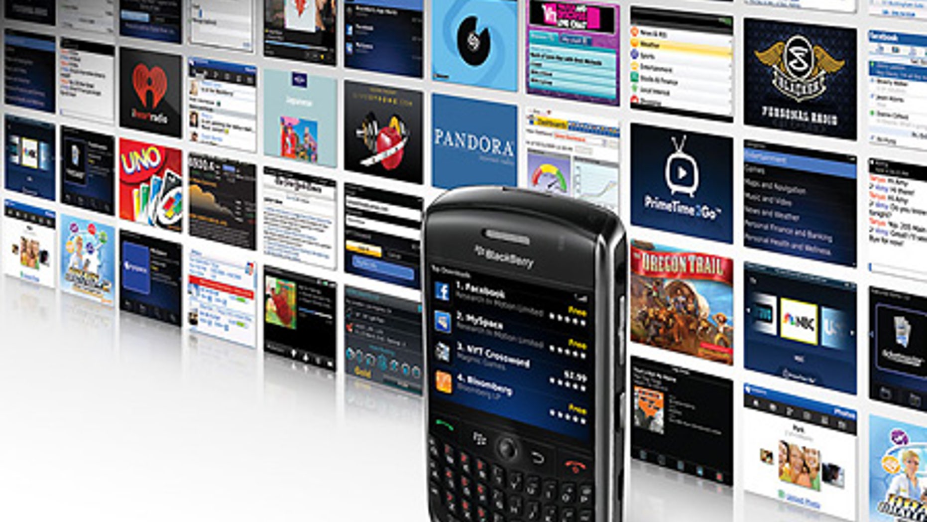 A Research In Motion photo illustration of a BlackBerry Curve 8900 and various BlackBerry App World screens.