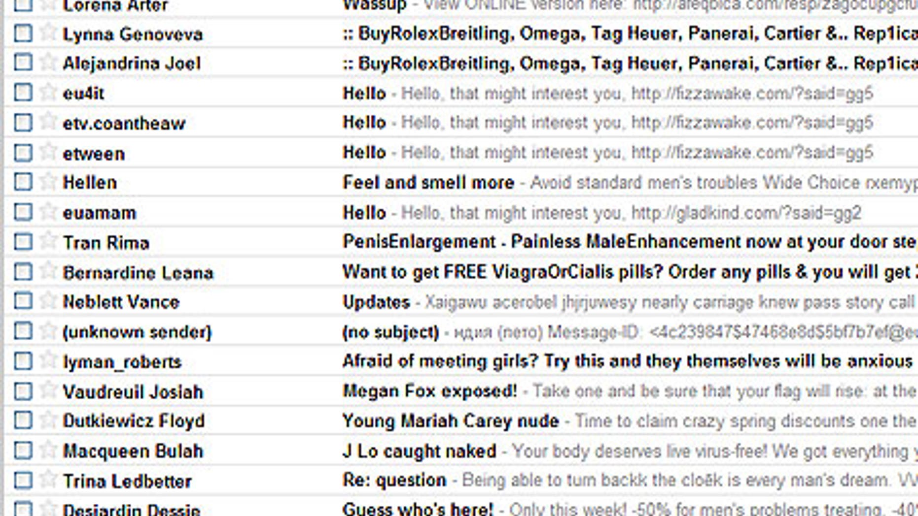A screen shot of spam piling up in a Gmail account.