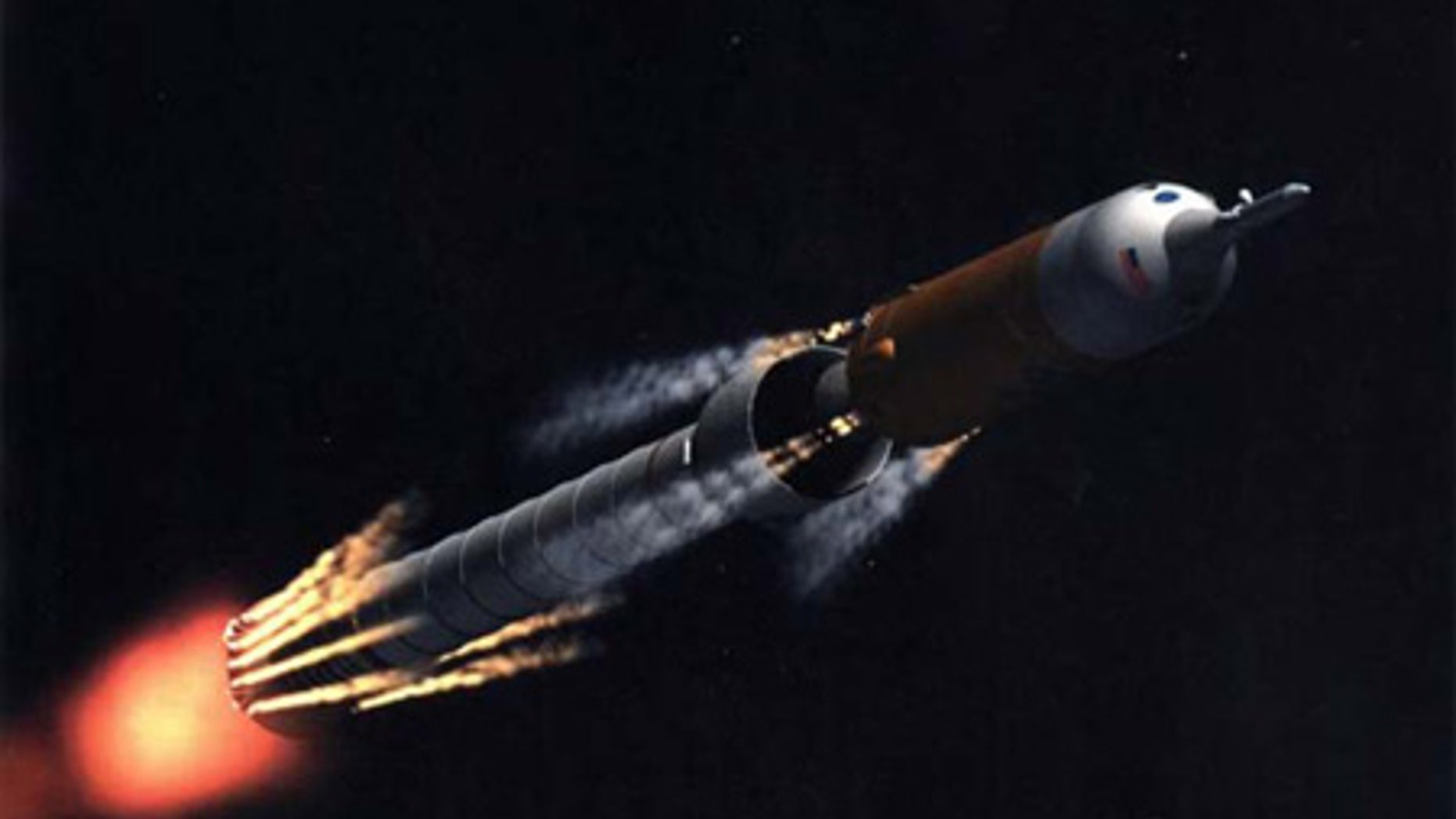Artist concept of NASA's planned Ares I stage separation that would occur when the first stage runs out of propellant.