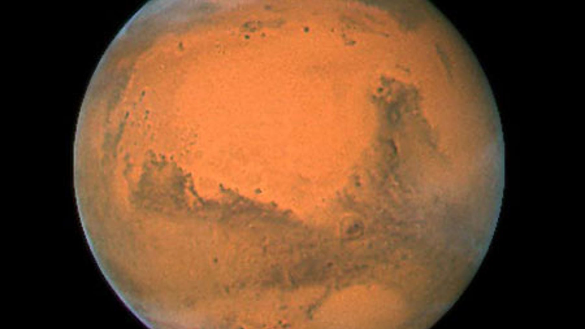Mars in December 2007, during its most recent closest approach to Earth.