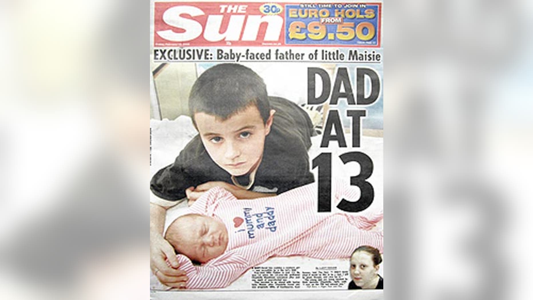 This image shows the cover of The Sun featuring 13-year-old Alfie Patten.