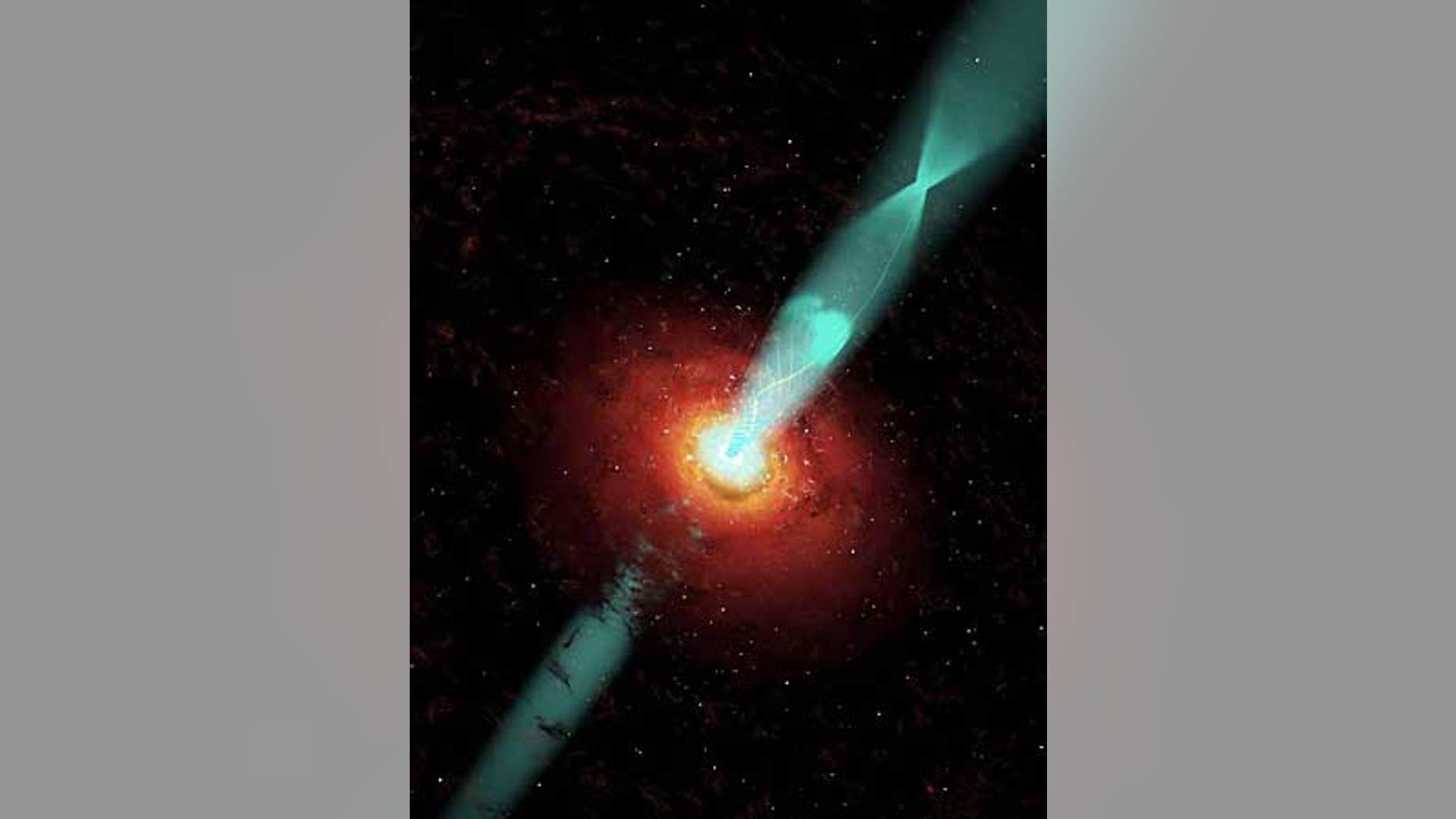 An artist's conception of a black hole blazar as it spurts out jets of charged particles accelerated by corkscrew magnetic field lines
