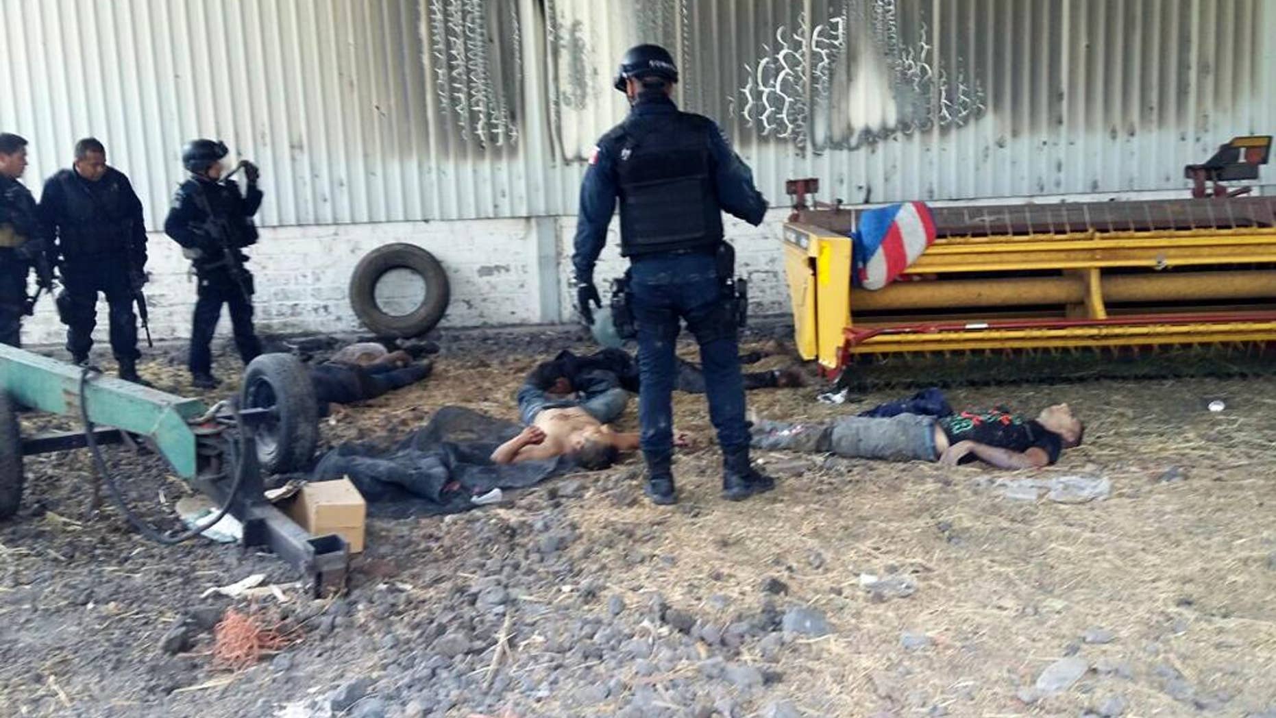 FILE - In this May 22, 2015, file photo, Federal police stand near the bodies of men who authorities say were suspected cartel gunmen at the Rancho del Sol, near Ecuanduero, in western Mexico. Mexico's president dismissed the chief of the federal police force Monday, Aug. 29, 2016, less than two weeks after the country's human rights commission released a scathing report alleging federal police executed at least 22 suspected drug cartel members during a raid on the ranch. (AP Photo/Oscar Pantoja Segundo, File)
