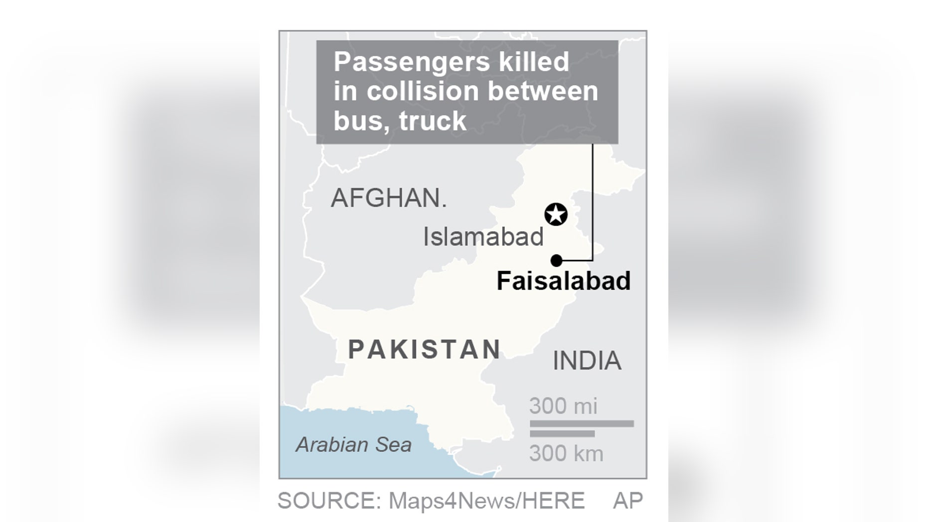 Map locates Faisalabad, Pakistan; 1c x 3 inches; 46.5 mm x 76 mm;