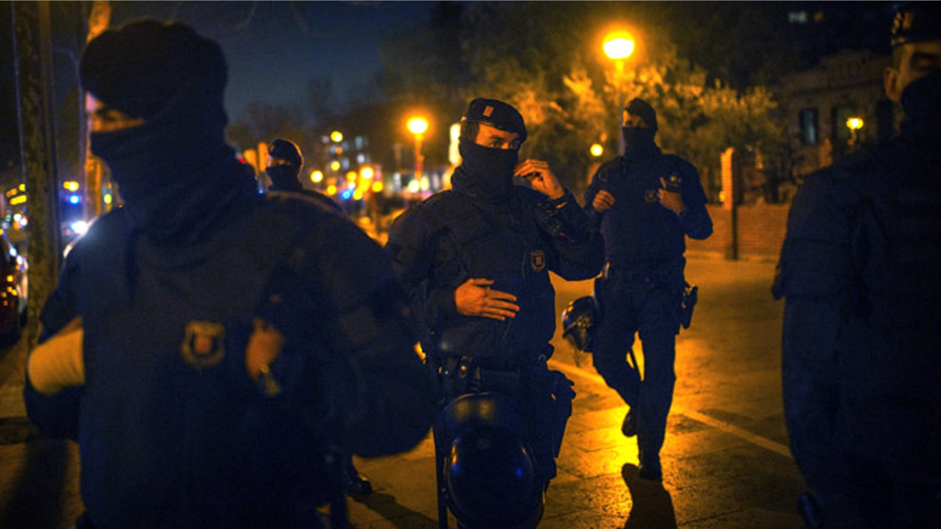 BARCELONA, SPAIN - MARCH 11: Catalan Autonomous riot police officers stand guard at the first Pegida rally on March 11, 2015 in Barcelona, Spain. Pegida Catalonia has called for the first Pegida Spain march in on the 11th anniversary of the 2004 Madrid train bombings. (Photo by David Ramos/Getty Images)