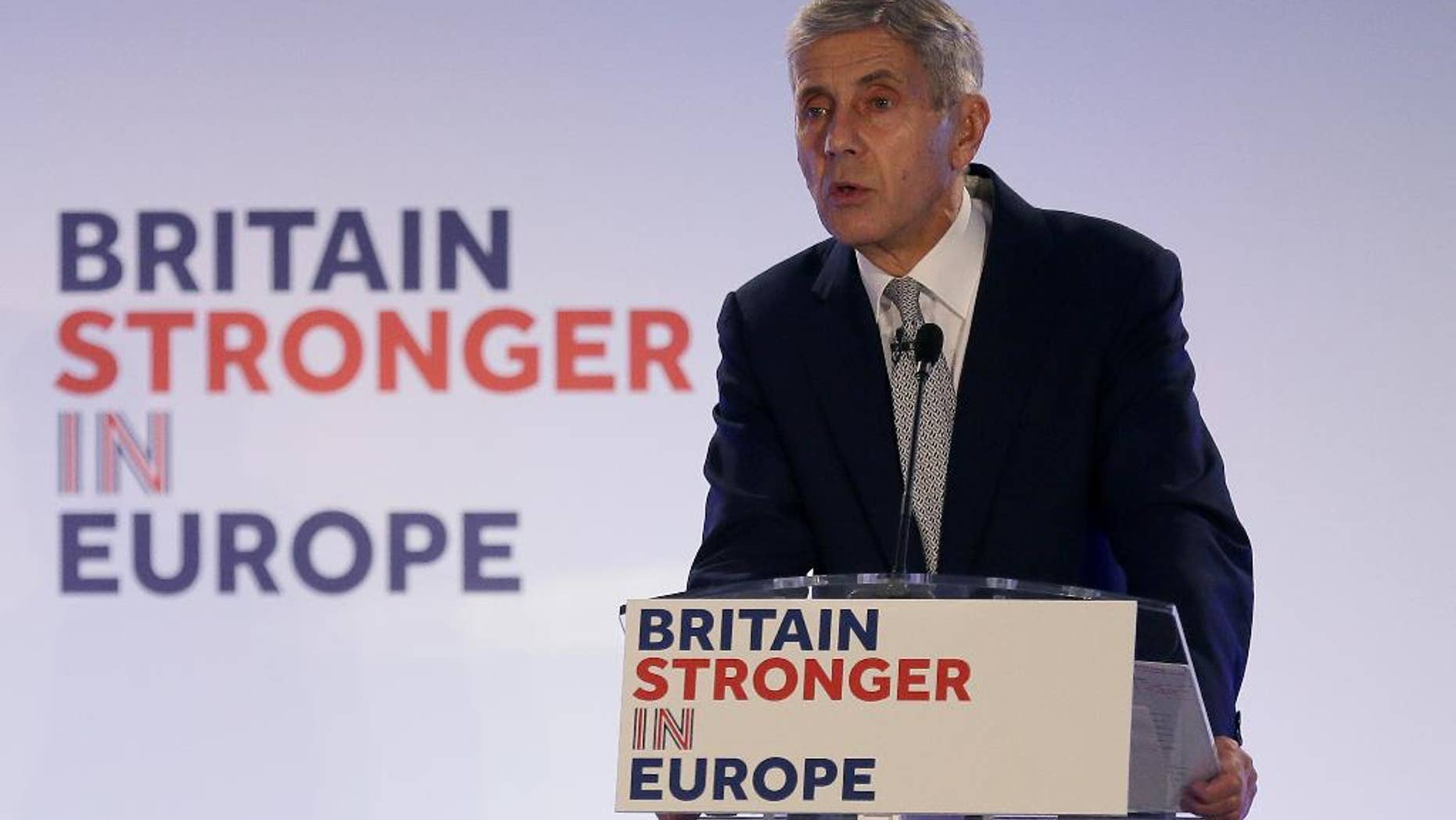Stuart Rose, campaign chairman for the Britain Stronger in Europe group, makes a speech during the launch a campaign to promote close ties with Europe, at Brick Lane in London, Monday, Oct. 12, 2015. A referendum is expected to be held in the UK before the end of 2017 on whether Britain should remain part of the European Union. (AP Photo/Tim Ireland)
