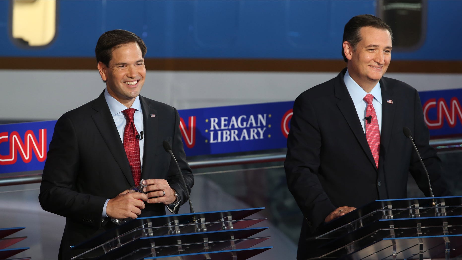 SIMI VALLEY, CA - SEPTEMBER 16: Republican presidential candidate Marco Rubio and Ted Cruz take part in the presidential debates at the Reagan Library on September 16, 2015 in Simi Valley, California. Fifteen Republican presidential candidates are participating in the second set of Republican presidential debates. (Photo by Justin Sullivan/Getty Images)