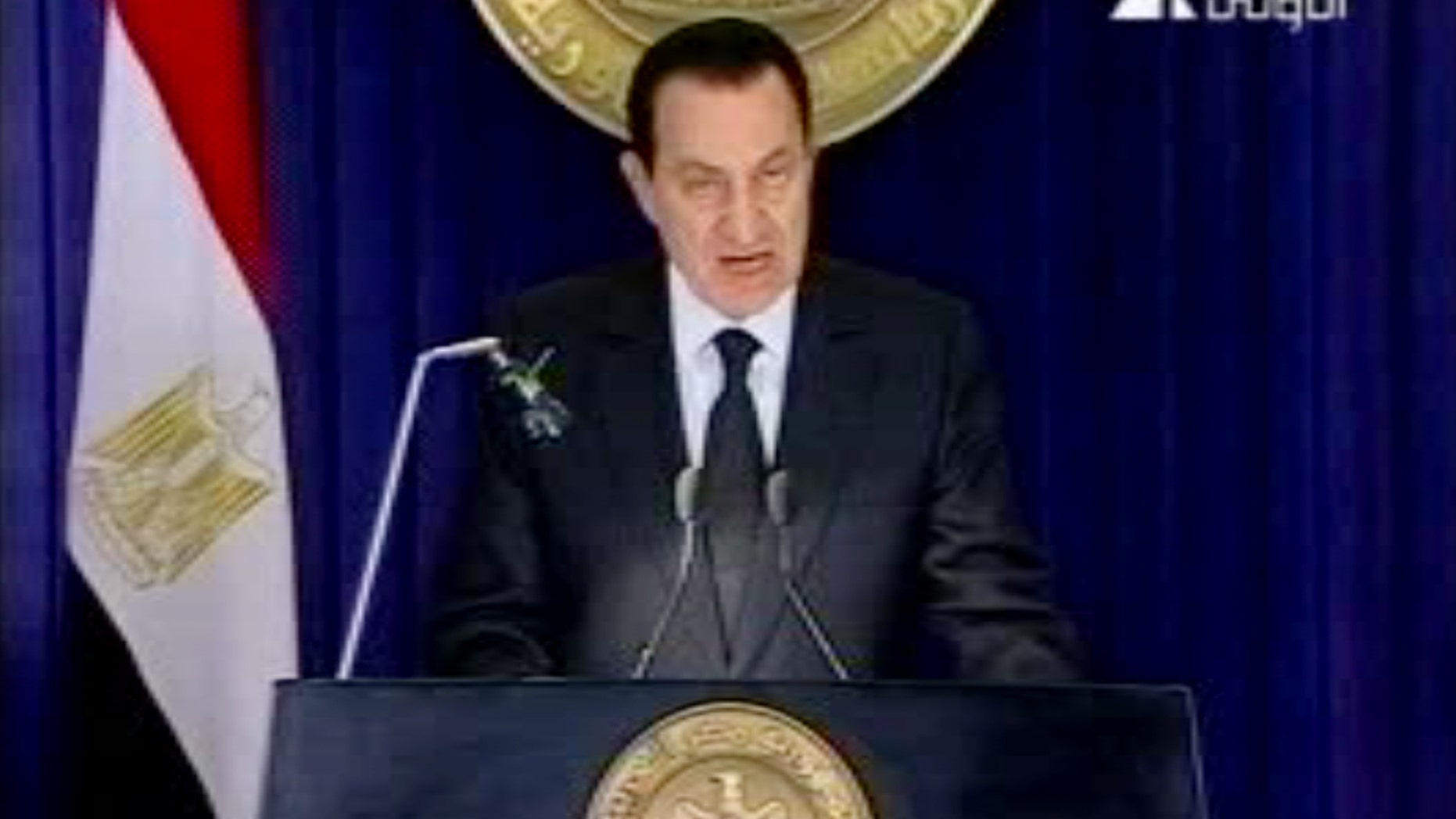 Jan. 28: In this image made from video broadcast, Egyptian President Hosni Mubarak appears on television saying he has asked his Cabinet to resign, in his first appearance on television since protests erupted demanding his ouster. (AP)
