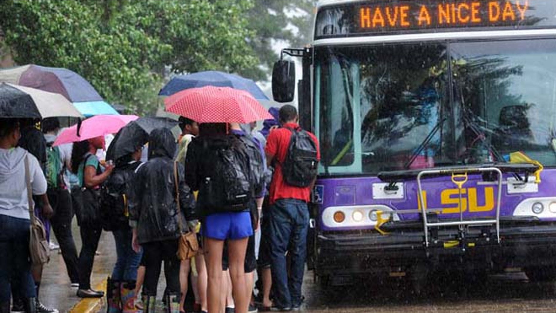 Sept. 17, 2012: LSU students wait for buses to take them off campus after a bomb scare.
