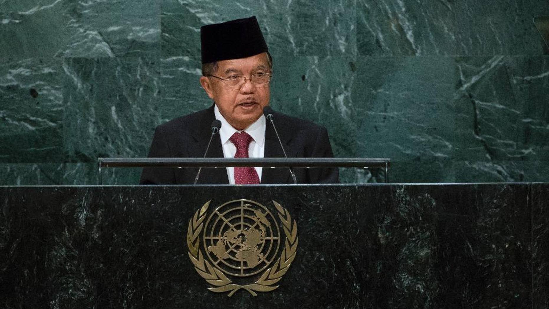 Indonesia's Vice President Muhammad Jusuf Kalla addresses the 71st session of the United Nations General Assembly, at U.N. headquarters, Friday, Sept. 23, 2016. (AP Photo/Craig Ruttle)