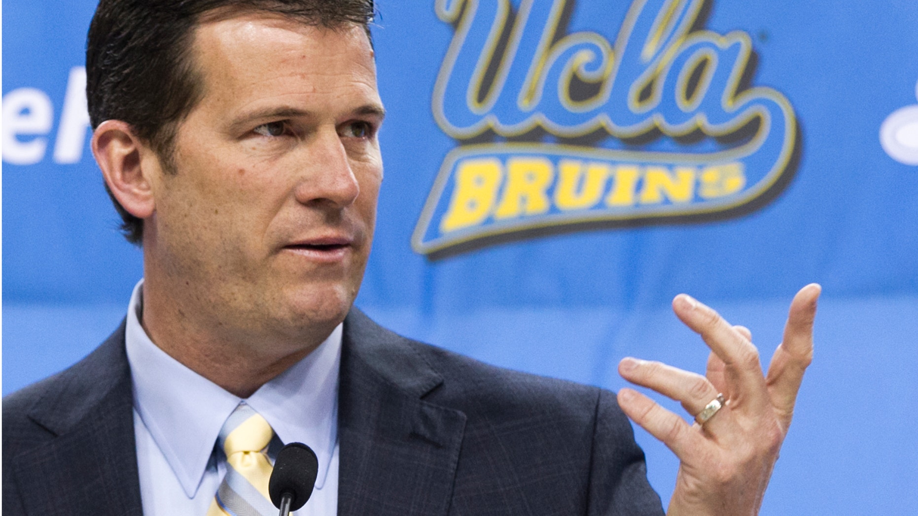 FILE - In this April 2, 2013 file photo, UCLA men's basketball coach Steve Alford speaks during a news conference at Pauley Pavilion in Los Angeles. The Indiana native who played on a national championship team for Bobby Knight in 1987 is now part of the Hollywood scene. (AP Photo/Damian Dovarganes, File)