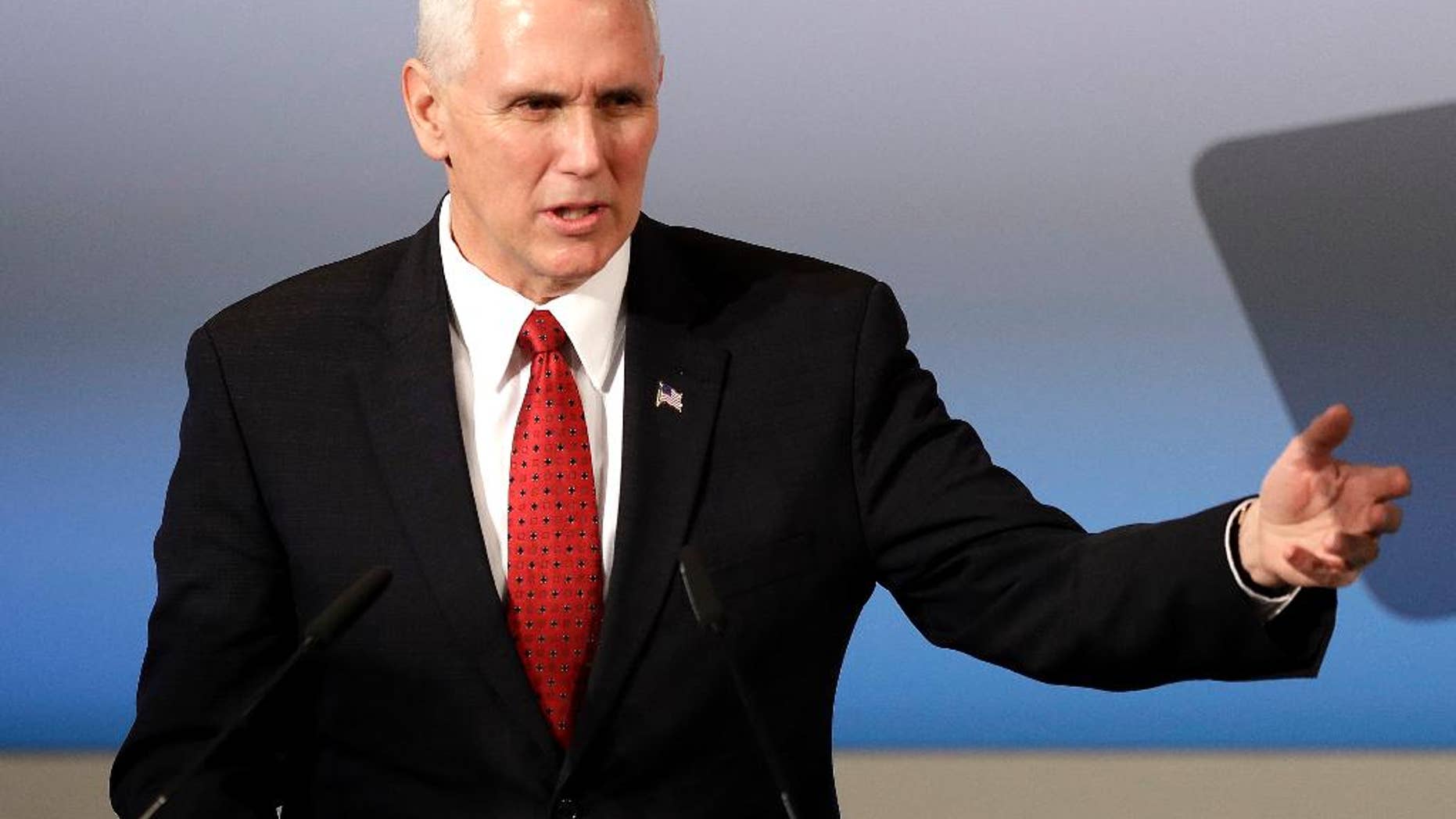 Vice President Mike Pence speaks during the Munich Security Conference in Munich, Germany, Saturday, Feb. 18, 2017.