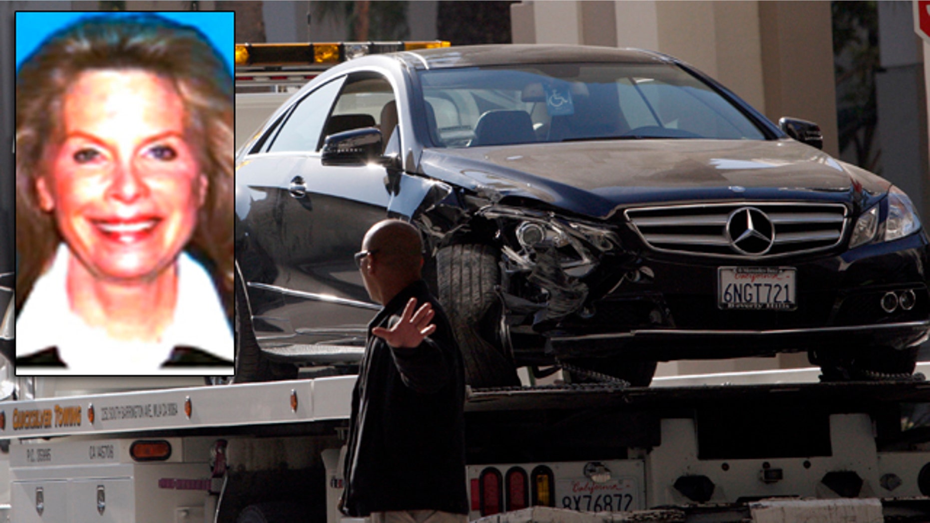 Nov. 16: The damaged Mercedes E350 in which well-known Hollywood publicist Ronni Chasen, inset, was shot several times in the chest and killed in Beverly Hills, Calif.