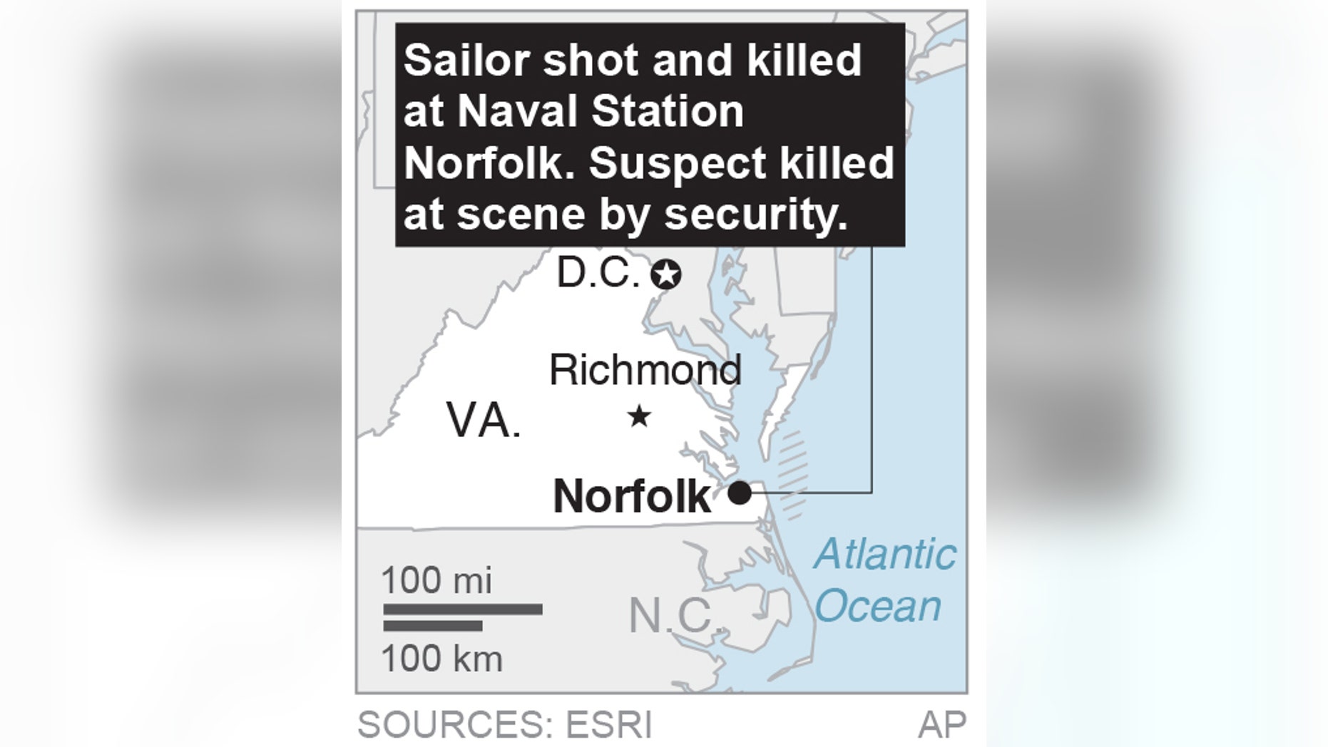Map locates naval station shooting; 1c x 2 inches; 46.5 mm x 50 mm;