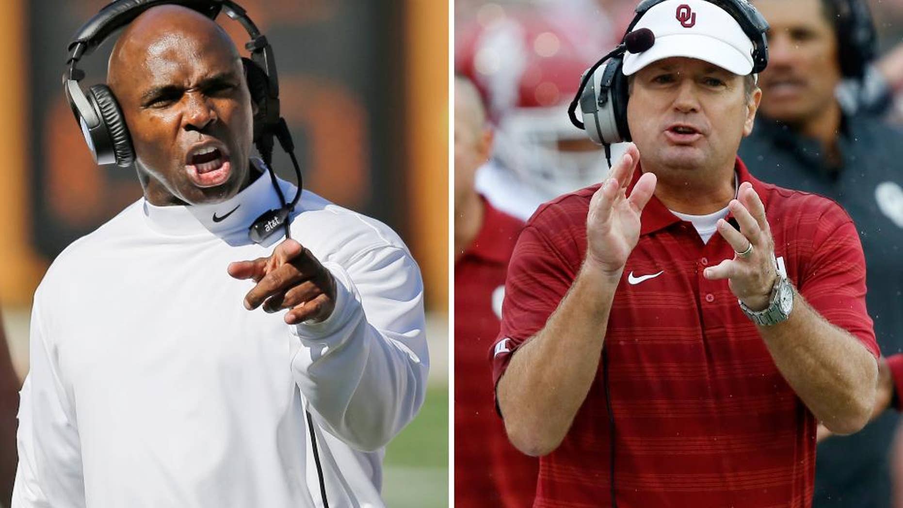 FILE - At left, in an Oct. 4, 2014, file photo, Texas head coach Charlie Strong talks to officials during the first half of an NCAA college football game against Baylor in Austin, Texas. At right, in a Sept. 6, 2014, file photo, Oklahoma head coach Bob Stoops applauds his players during an NCAA college football game in Tulsa, Okla. The Oklahoma Sooners have just the right opponent to get them refocused after their loss to TCU _ their hated rival, the Texas Longhorns. (AP Photo/File)