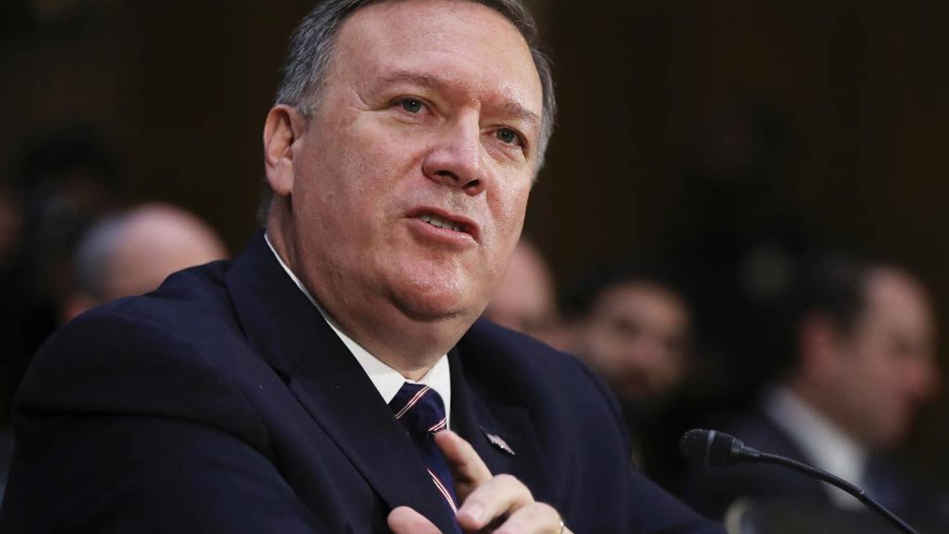FILE - In this Jan. 12, 2017 file photo, CIA Director-designate Rep. Michael Pompeo, R-Kan. testifies on Capitol Hill in Washington. The Senate is on track to confirm Pompeo to run the CIA and is expected to vote on his nomination Monday, Jan. 23, 2017, evening. (AP Photo/Manuel Balce Ceneta, File)