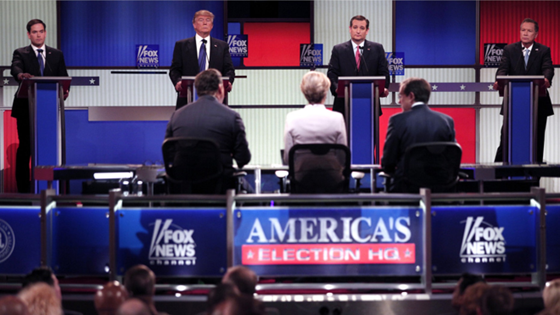 Florida Sen. Marco Rubio, New York businessman Donald J. Trump, Texas Sen. Ted Cruz, and Ohio Gov. John Kasich listen to the moderators of the Fox News Republican Debate. (Fox News)
