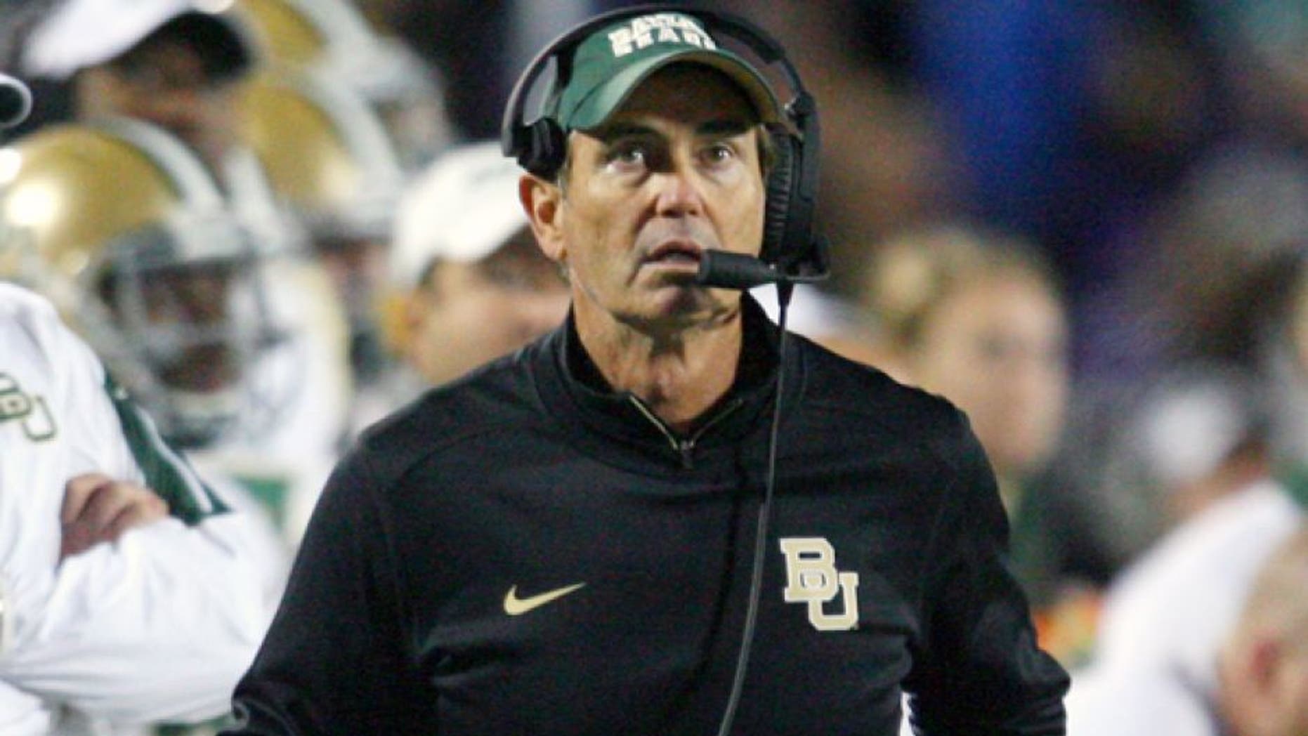 Nov 5, 2015; Manhattan, KS, USA; Baylor Bears head coach Art Briles looks on from the sidelines against the Kansas State Wildcats at Bill Snyder Family Football Stadium. The Bears won 31-24. Mandatory Credit: Scott Sewell-USA TODAY Sports