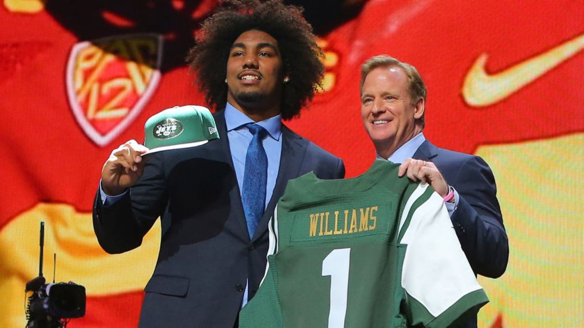 Apr 30, 2015; Chicago, IL, USA; Leonard Williams (Southern California) poses for a photo with NFL commissioner Roger Goodell after being selected as the number sixth overall pick to the New York Jets in the first round of the 2015 NFL Draft at the Auditorium Theatre of Roosevelt University. Mandatory Credit: Dennis Wierzbicki-USA TODAY Sports