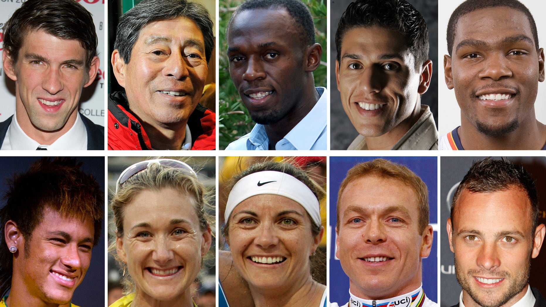 These are file photos showing Olympic hopfuls, top row from left; Michael Phelps, Hiroshi Hoketsu, Usain Bolt, Steven Lopez and Kevin Durant. Botton row from left are Neymar, Kerri Walsh, Misty May-Treanor, Chris Hoy and Oscar Pistorius.