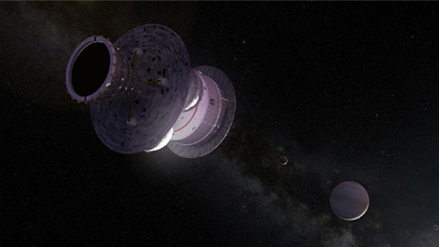 An artist's impression of the British Interplanetary Society's Daedalus unmanned starship entering another star system.