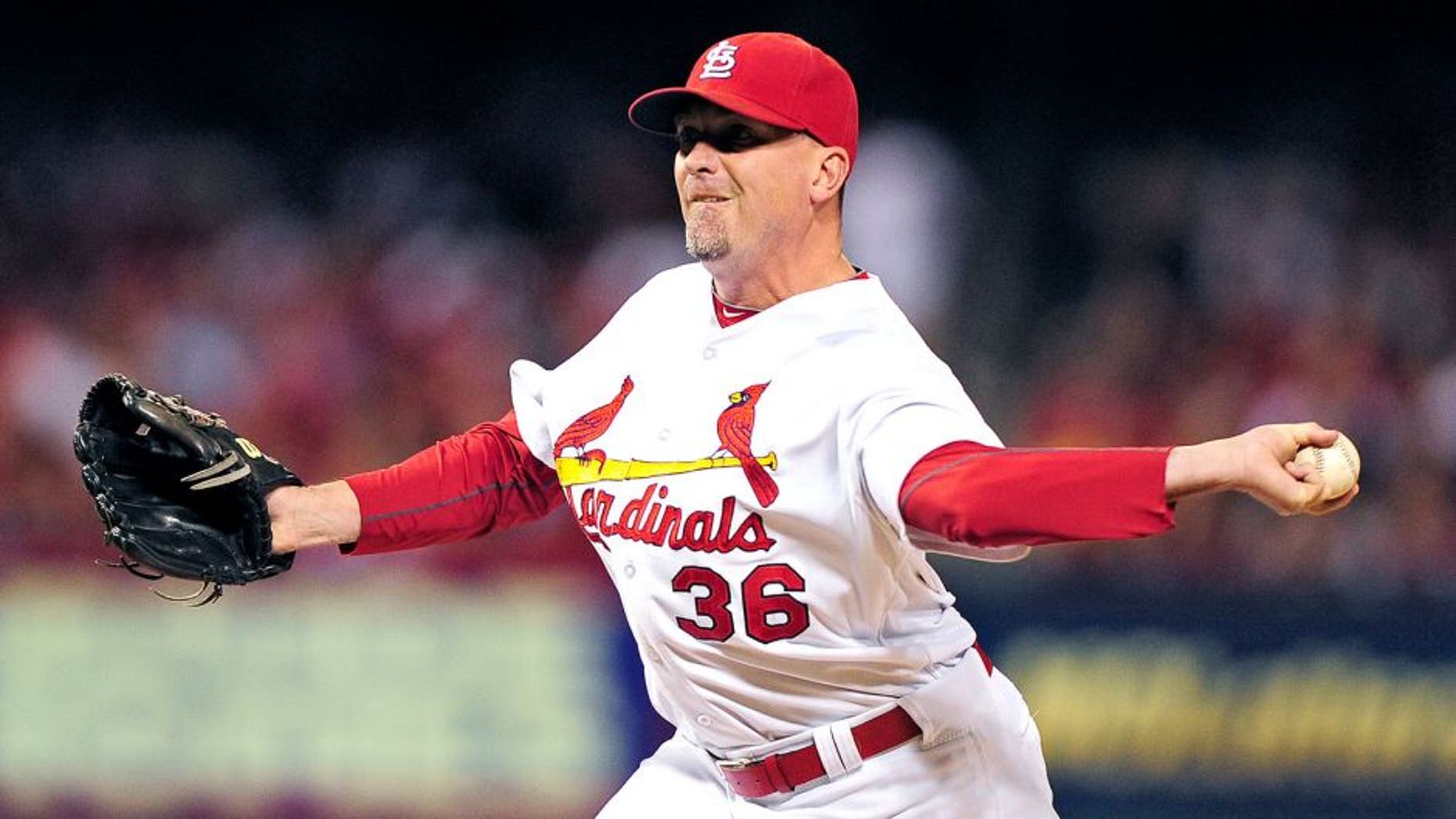Sep 19, 2014; St. Louis, MO, USA; St. Louis Cardinals relief pitcher Randy Choate (36) throws to a Cincinnati Reds batter during the ninth inning at Busch Stadium. The Cardinals defeated the Reds 2-1. Mandatory Credit: Jeff Curry-USA TODAY Sports