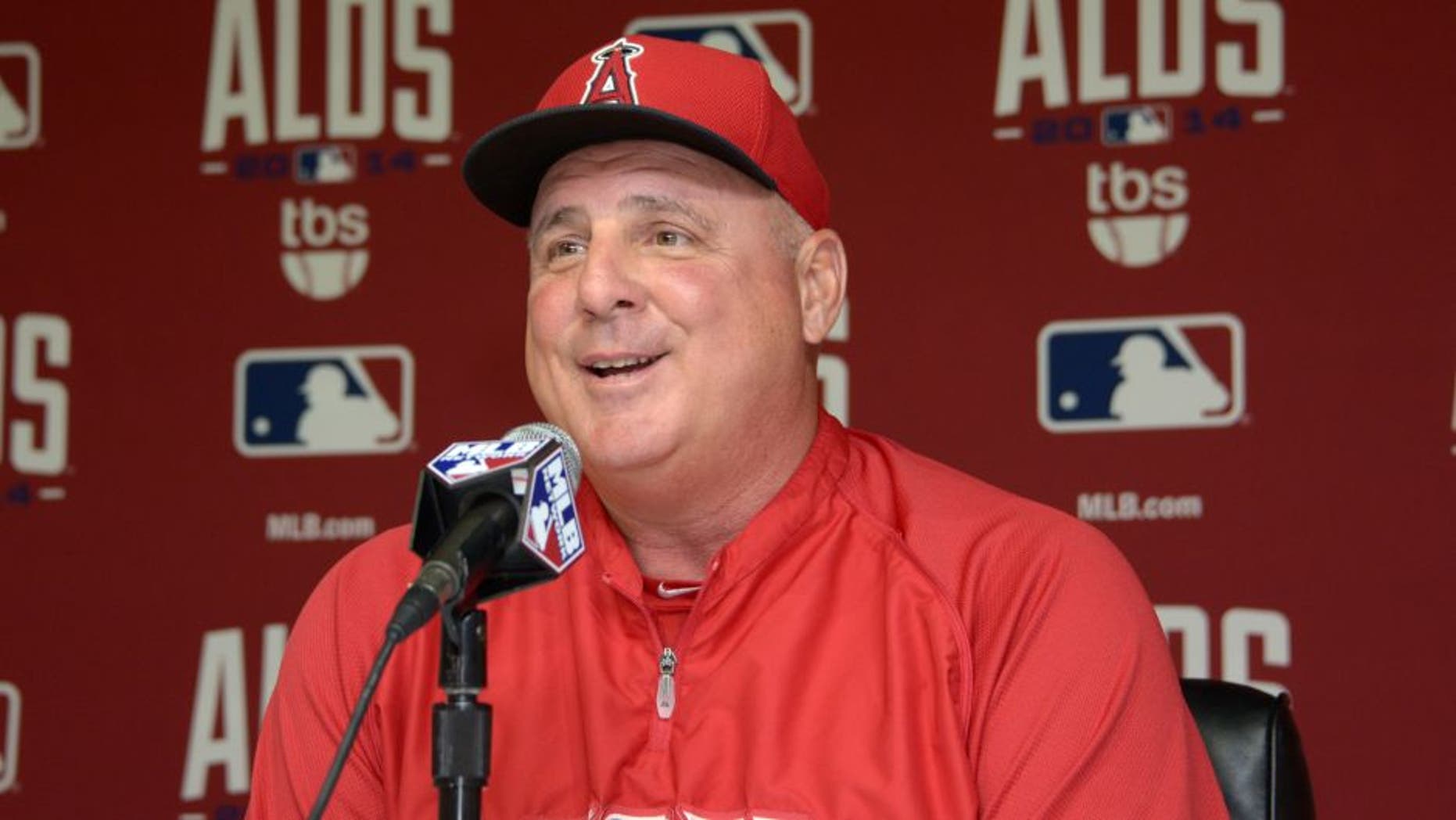 Oct 1, 2014; Anaheim CA, USA; Los Angeles Angels manager Mike Scioscia during press conference in advance of game 1 of the 2014 American League Divisional Series against the Kansas City Royals at Angel Stadium of Anaheim. Mandatory Credit: Kirby Lee-USA TODAY Sports