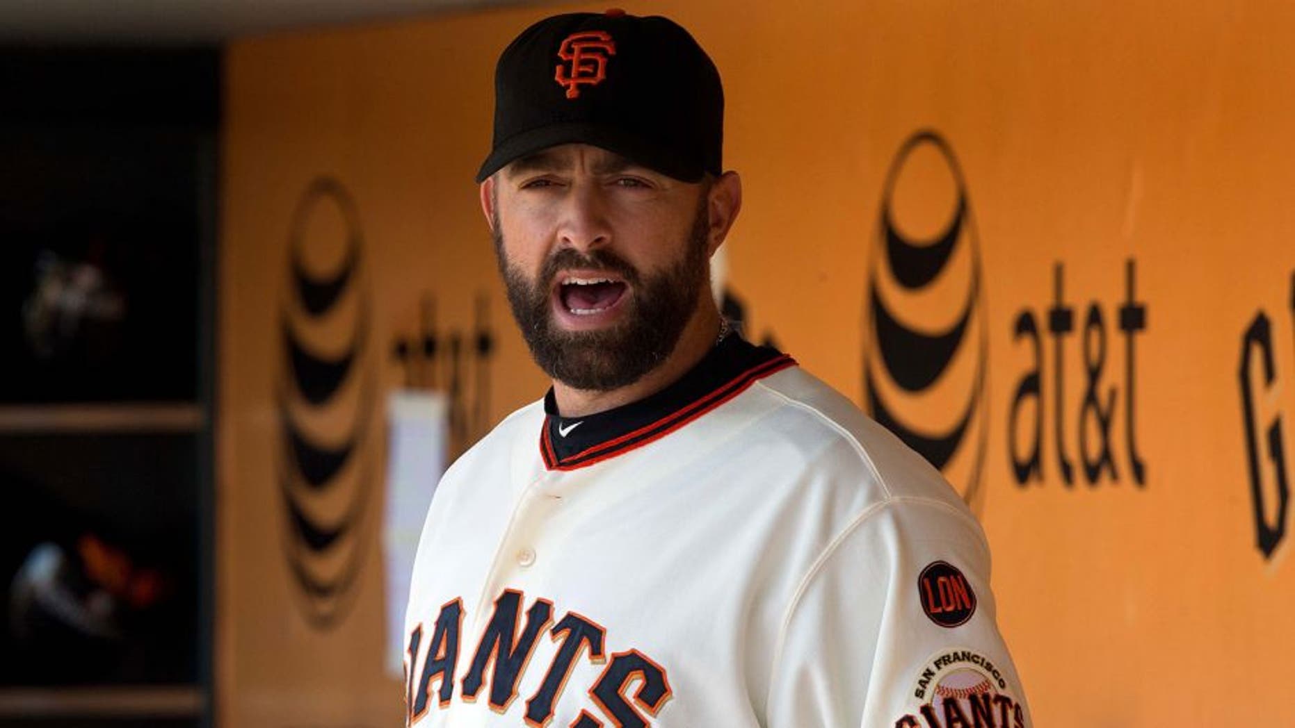SAN FRANCISCO, CA - SEPTEMBER 20: Jeremy Affeldt #41 of the San Francisco Giants stands in the dugout before the game against the Arizona Diamondbacks at AT&T Park on September 20, 2015 in San Francisco, California. The San Francisco Giants defeated the Arizona Diamondbacks 5-1. (Photo by Jason O. Watson/Getty Images)