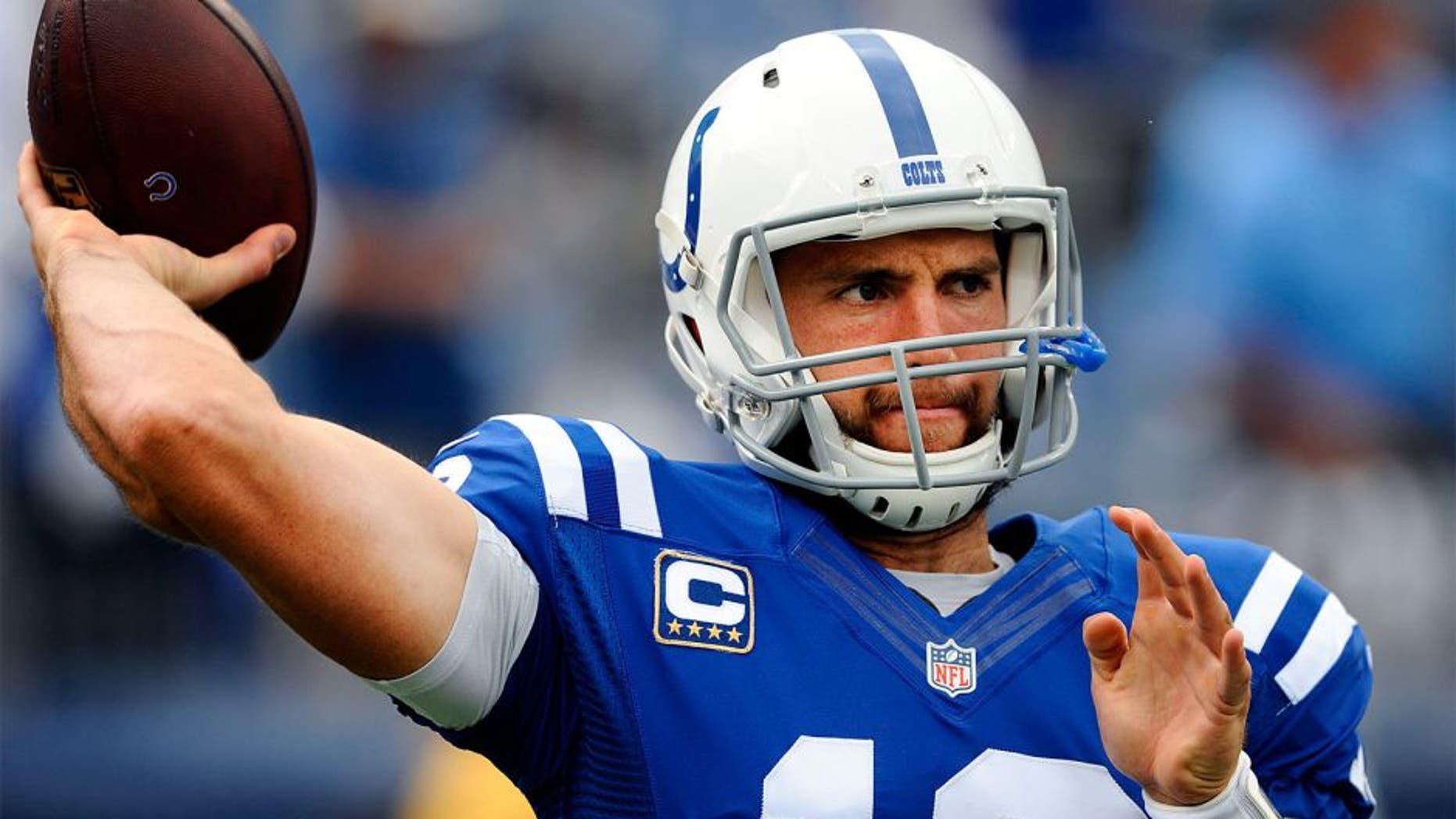 Sep 27, 2015; Nashville, TN, USA; Indianapolis Colts quarterback Andrew Luck (12) warms up prior to the game against the Tennessee Titans at Nissan Stadium. Mandatory Credit: Christopher Hanewinckel-USA TODAY Sports