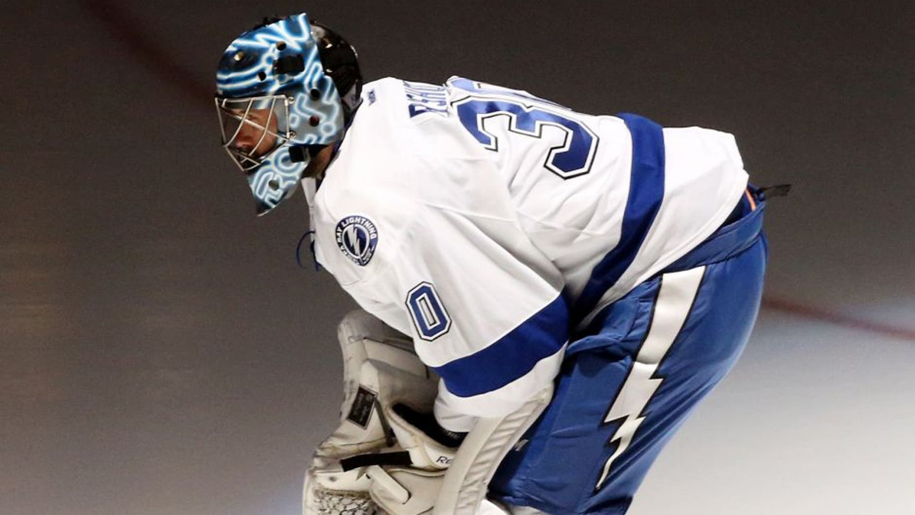 May 13, 2016; Pittsburgh, PA, USA; Tampa Bay Lightning goalie Ben Bishop (30) takes to the ice against the Pittsburgh Penguins during the first period in game one of the Eastern Conference Final of the 2016 Stanley Cup Playoffs at the CONSOL Energy Center. Mandatory Credit: Charles LeClaire-USA TODAY Sports