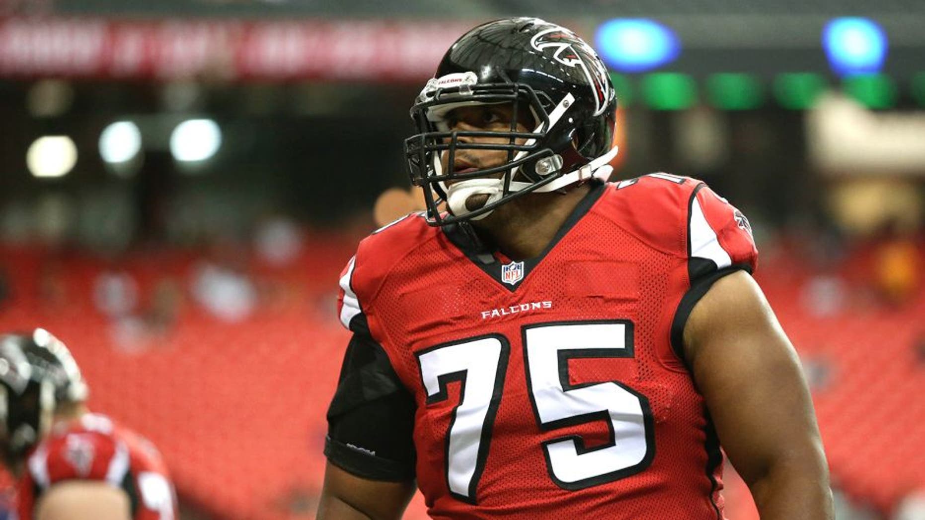 Aug 8, 2014; Atlanta, GA, USA; Atlanta Falcons guard Jon Asamoah (75) is shown before their game against the Miami Dolphins at the Georgia Dome. The Falcons won 16-10. Mandatory Credit: Jason Getz-USA TODAY Sports