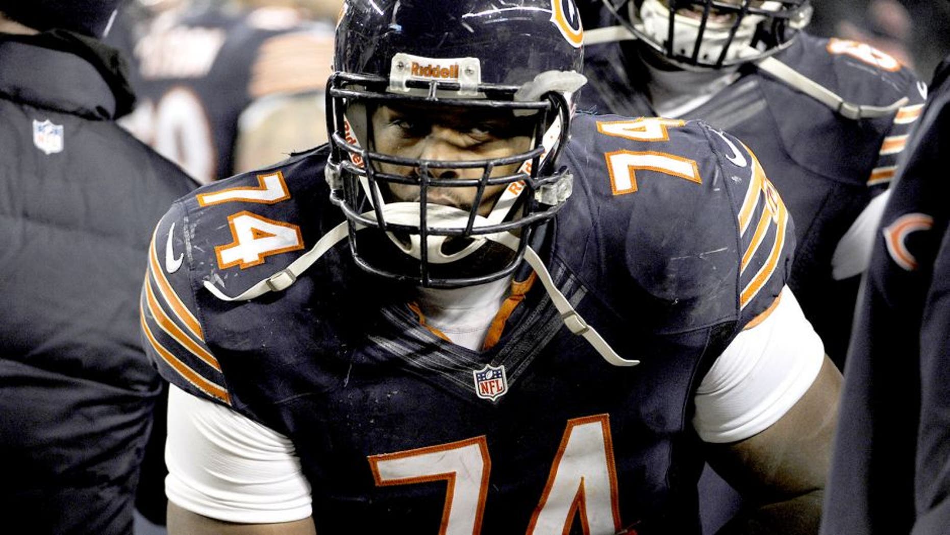CHICAGO, IL - DECEMBER 9: Jermon Bushrod #74 of the Chicago Bears plays against the Dallas Cowboys on December 9, 2013 at Soldier Field in Chicago, Illinois. (Photo by David Banks/Getty Images)