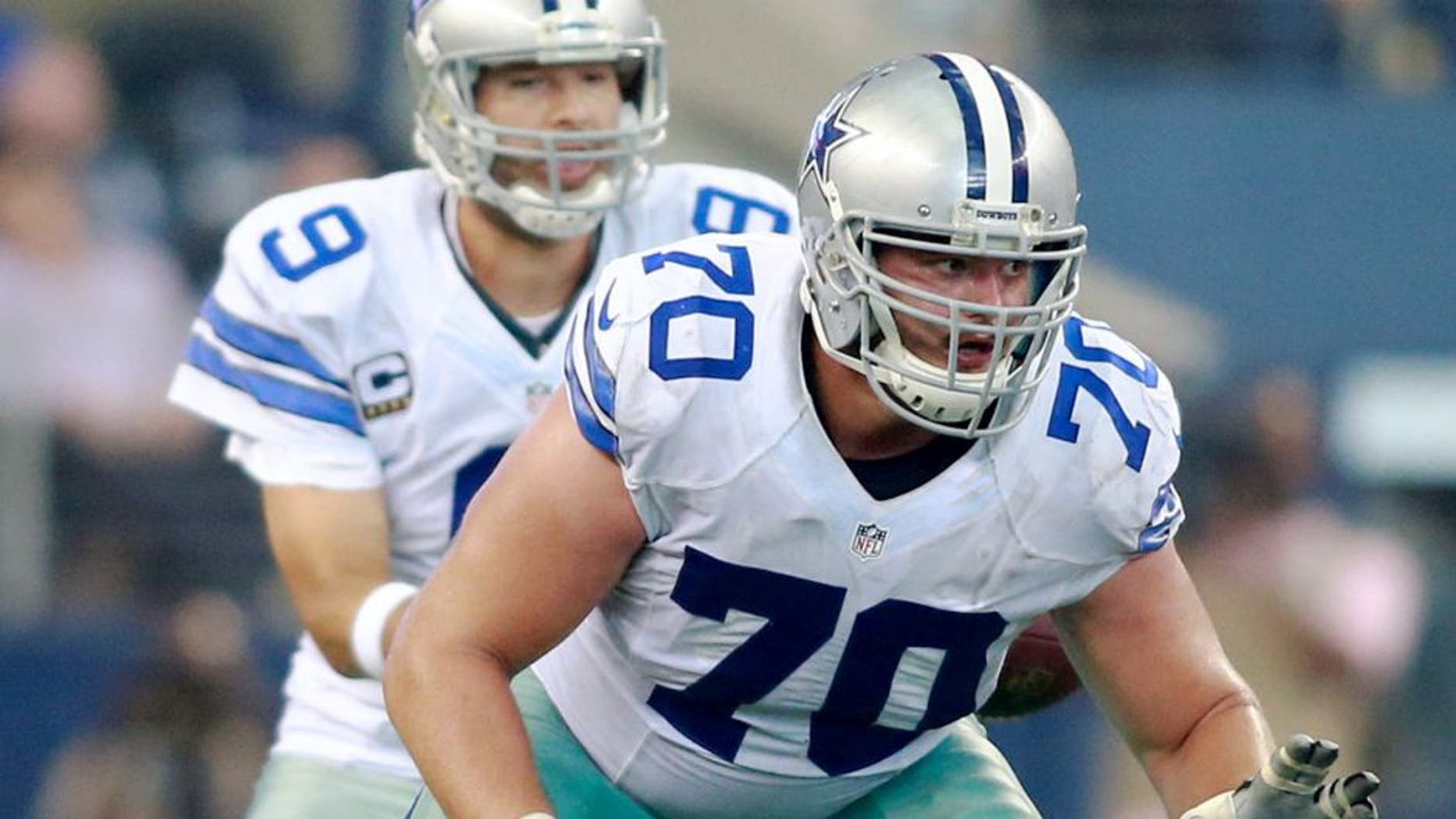 Sep 7, 2014; Arlington, TX, USA; Dallas Cowboys guard Zack Martin (70) in game against the San Francisco 49ers at AT&T Stadium. San Francisco beat Dallas 28-17. Mandatory Credit: Tim Heitman-USA TODAY Sports