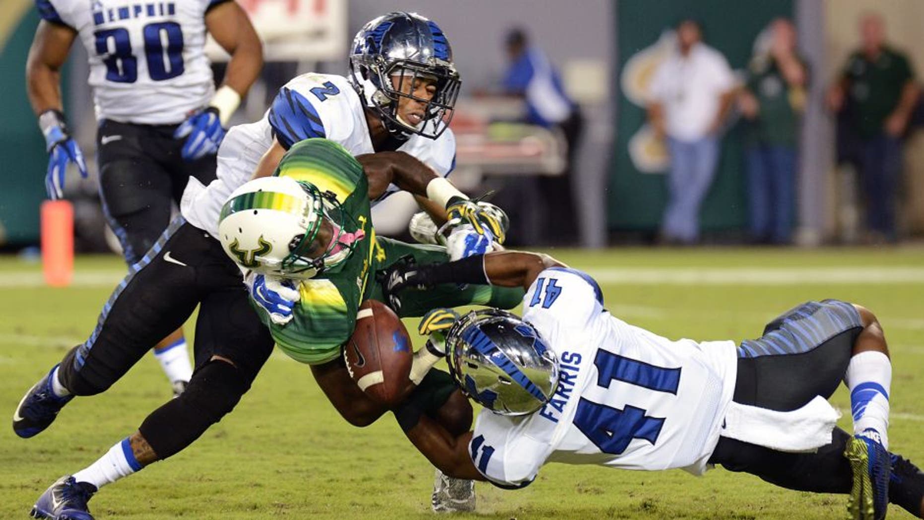 Oct 2, 2015; Tampa, FL, USA; South Florida Bulls wide receiver Rodney Adams (87) runs with the ball during the second half against the Memphis Tigers at Raymond James Stadium. The Memphis Tigers defeated the South Florida Bulls 24-17. Mandatory Credit: Jonathan Dyer-USA TODAY Sports