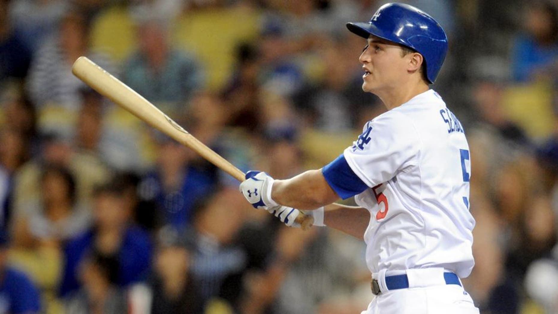 October 2, 2015; Los Angeles, CA, USA; Los Angeles Dodgers shortstop Corey Seager (5) at bat in the fifth inning against the San Diego Padres at Dodger Stadium. Mandatory Credit: Gary A. Vasquez-USA TODAY Sports