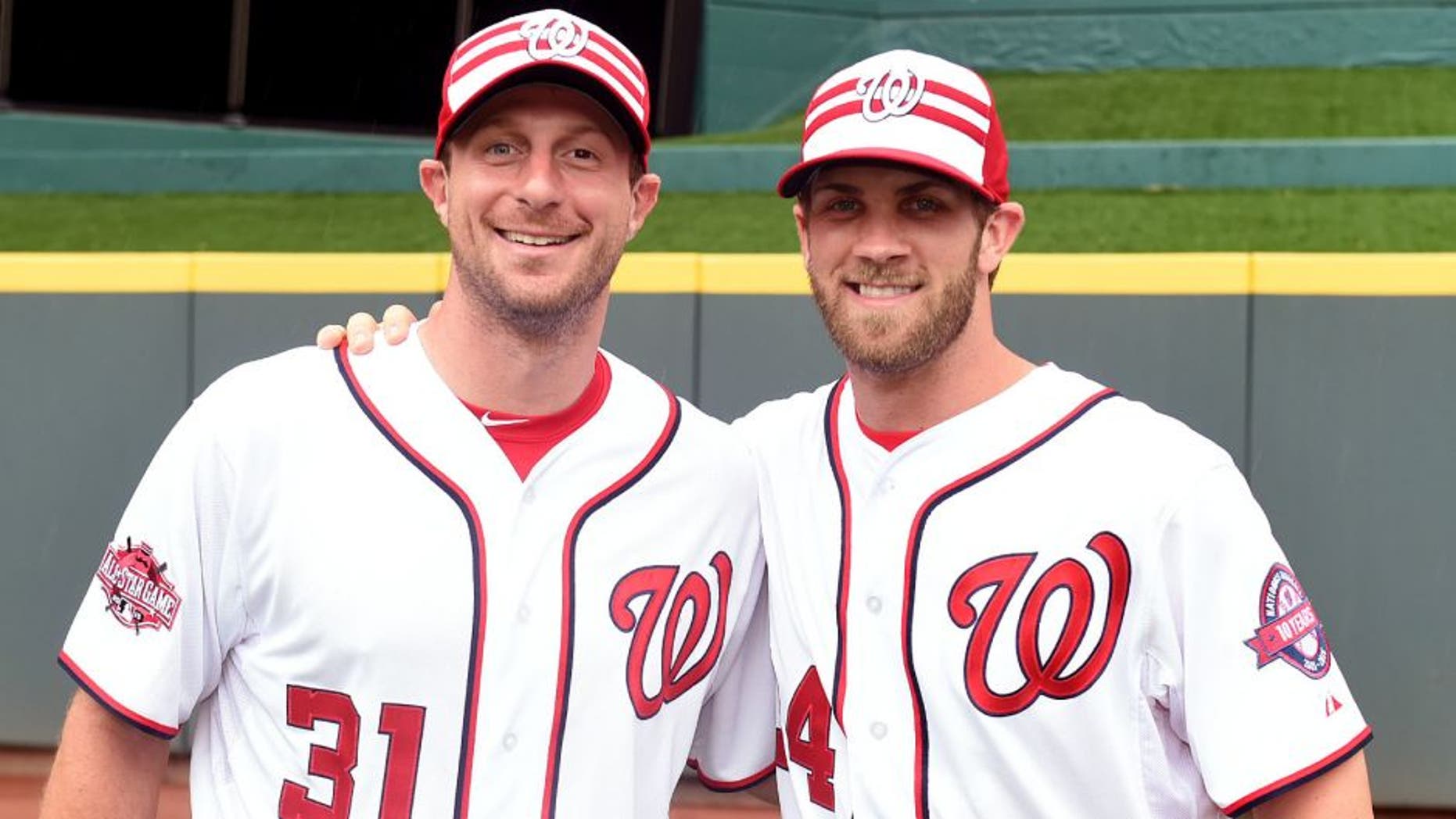 CINCINNATI, OH - JULY 14: National League All-Star Max Scherzer #31 of the Washington Nationals and National League All-Star Bryce Harper #34 of the Washington Nationals pose for a picture prior to the start of the 86th MLB All-Star Game at Great American Ball Park in Cincinnati on Tuesday, July 14, 2015 in Cincinnati, Ohio. (Photo by LG Patterson/MLB Photos via Getty Images)