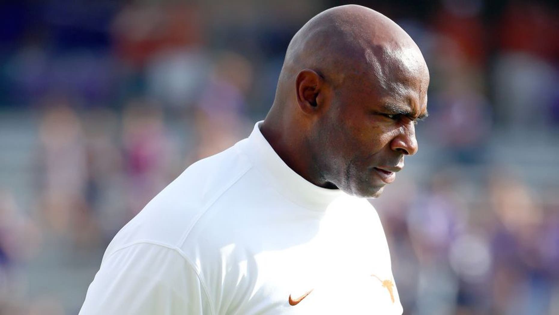 FORT WORTH, TX - OCTOBER 03: Head coach Charlie Strong of the Texas Longhorns looks on as the Longhorns prepare to take on the TCU Horned Frogs at Amon G. Carter Stadium on October 3, 2015 in Fort Worth, Texas. (Photo by Tom Pennington/Getty Images)