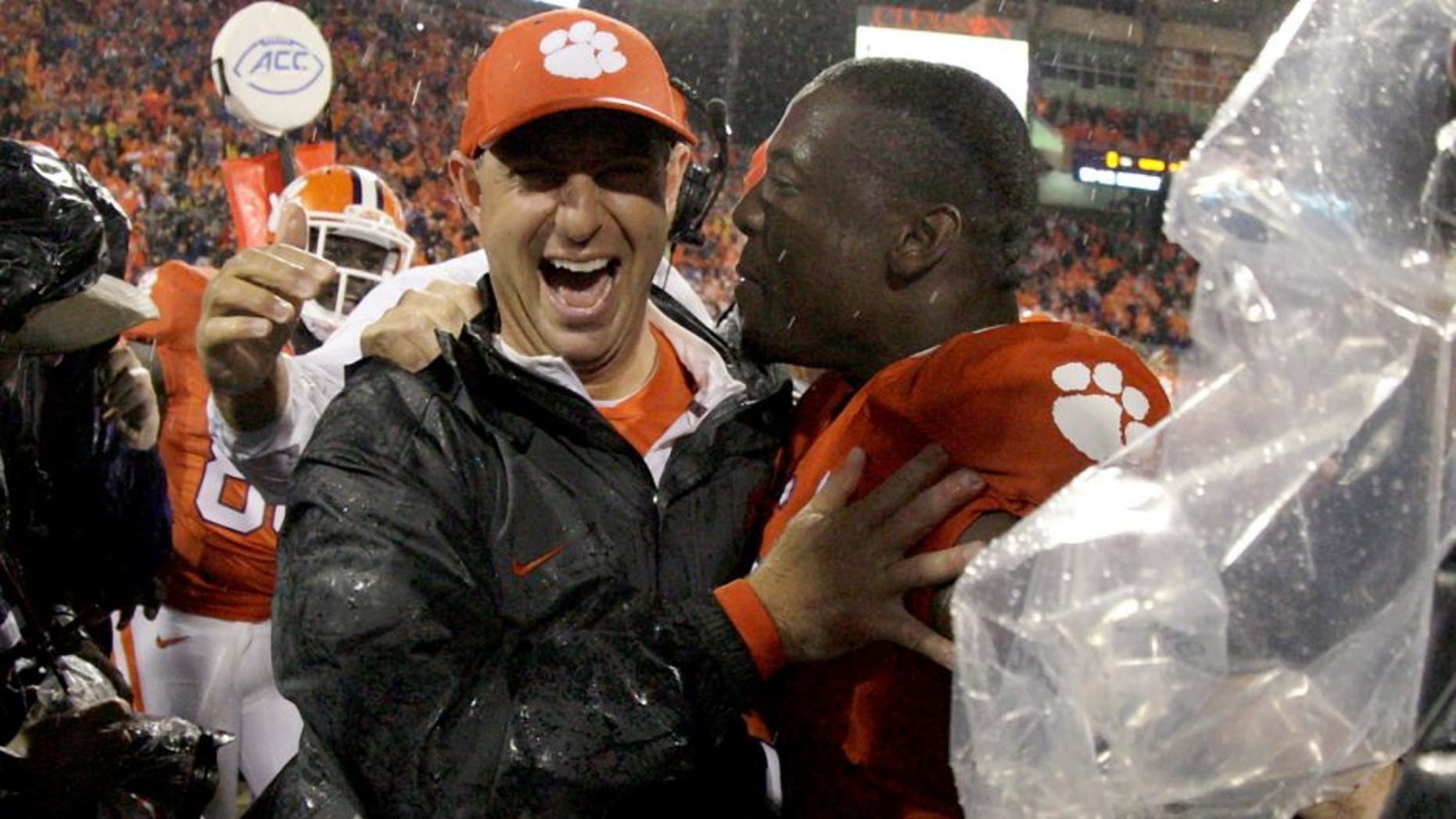 CLEMSON, SC - OCTOBER 3: Head Coach Dabo Swinney of the Cemson Tigers celebrates after defeating the Notre Dame Fighting Irish 24-22 at Clemson Memorial Stadium on October 3, 2015 in Clemson, South Carolina. (Photo by Tyler Smith/Getty Images)