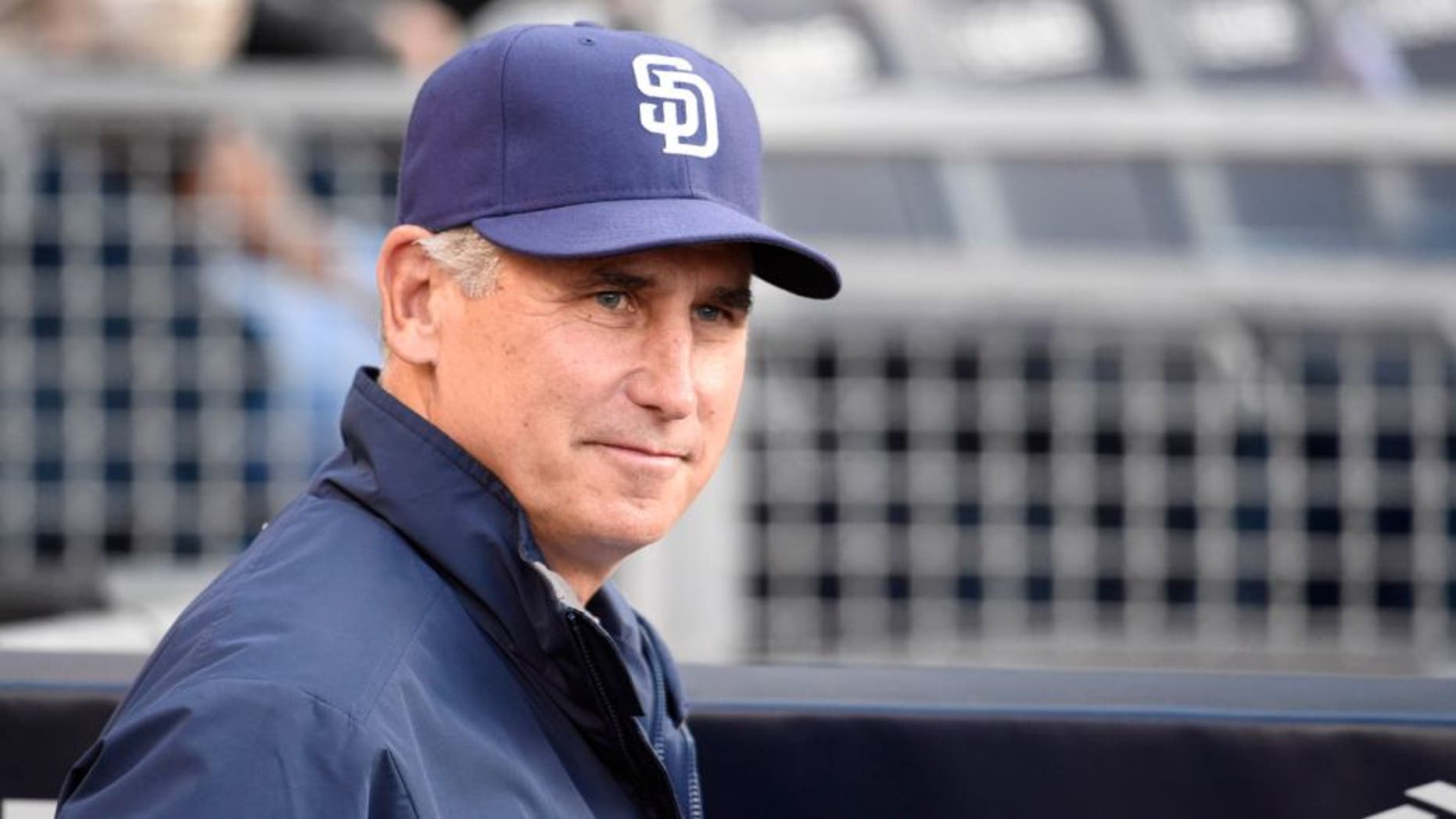 SAN DIEGO, CA - MAY 28: Bud Black #20 of the San Diego Padres sits in the dugout before a baseball game against the Pittsburgh Pirates at Petco Park May 28, 2015 in San Diego, California. (Photo by Denis Poroy/Getty Images)