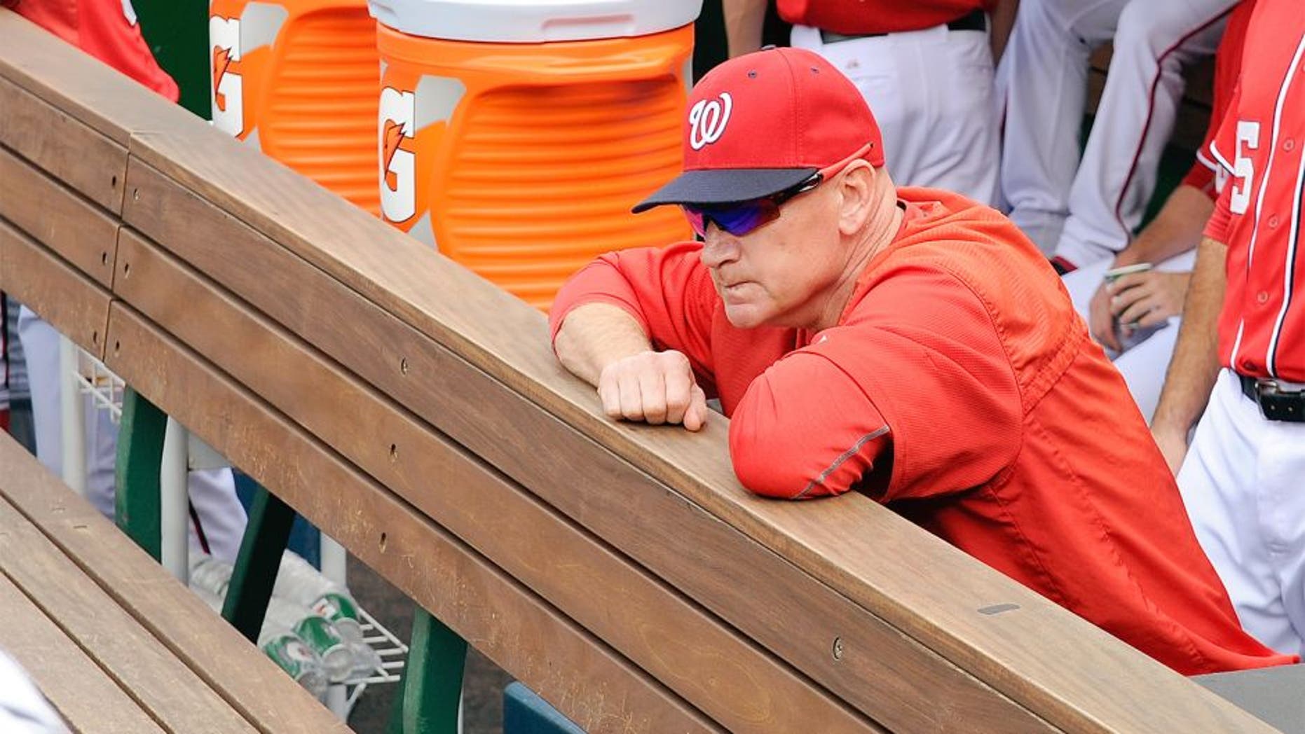 WASHINGTON, DC - SEPTEMBER 28: Manager Matt Williams #9 of the Washington Nationals looks out of the dugout before the game against the Cincinnati Reds at Nationals Park on September 28, 2015 in Washington, DC. (Photo by Greg Fiume/Getty Images)