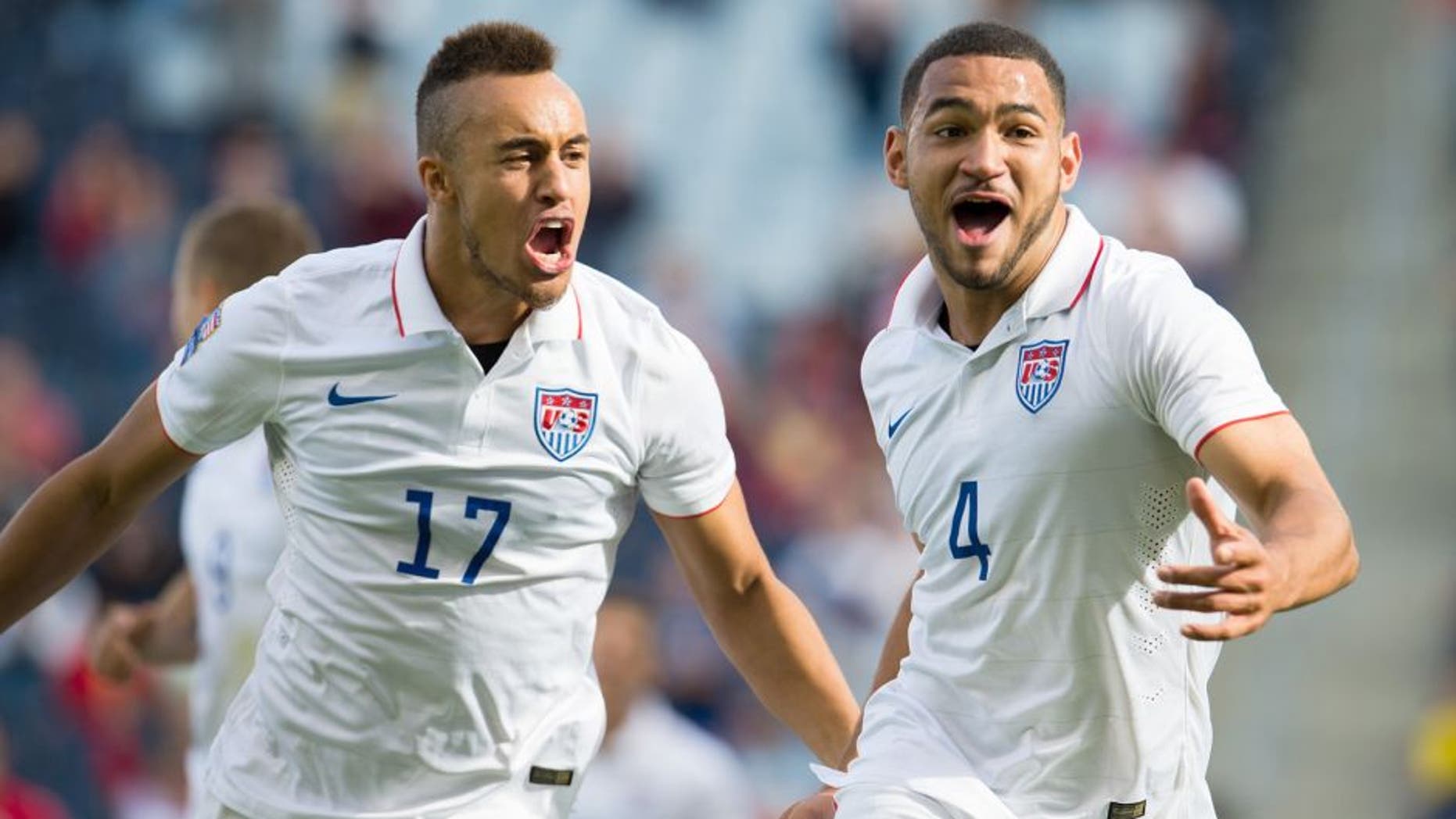 Action photo during the match Cuba vs United States, Corresponding to Group A of 2015 CONCACAF Mens Olympic Qualifying Championship at Sporting Park Stadium, in the photo: Cameron Carter-Vickers celebrates his goal with Jordan Morris and Jerome Kiesewetter of United States Foto de accion durante el partido Cuba vs Estados Unidos, Correspondiente al Grupo B del Campeonato Preolimpico-Hombres de la CONCACAF 2015 en el Estadio Sporting Park, en la foto: Cameron Carter-Vickers celebra su gol con Jordan Morris y Jerome Kiesewetter de Estados Unidos 03/10/2015/MEXSPORT/Jorge Martinez.