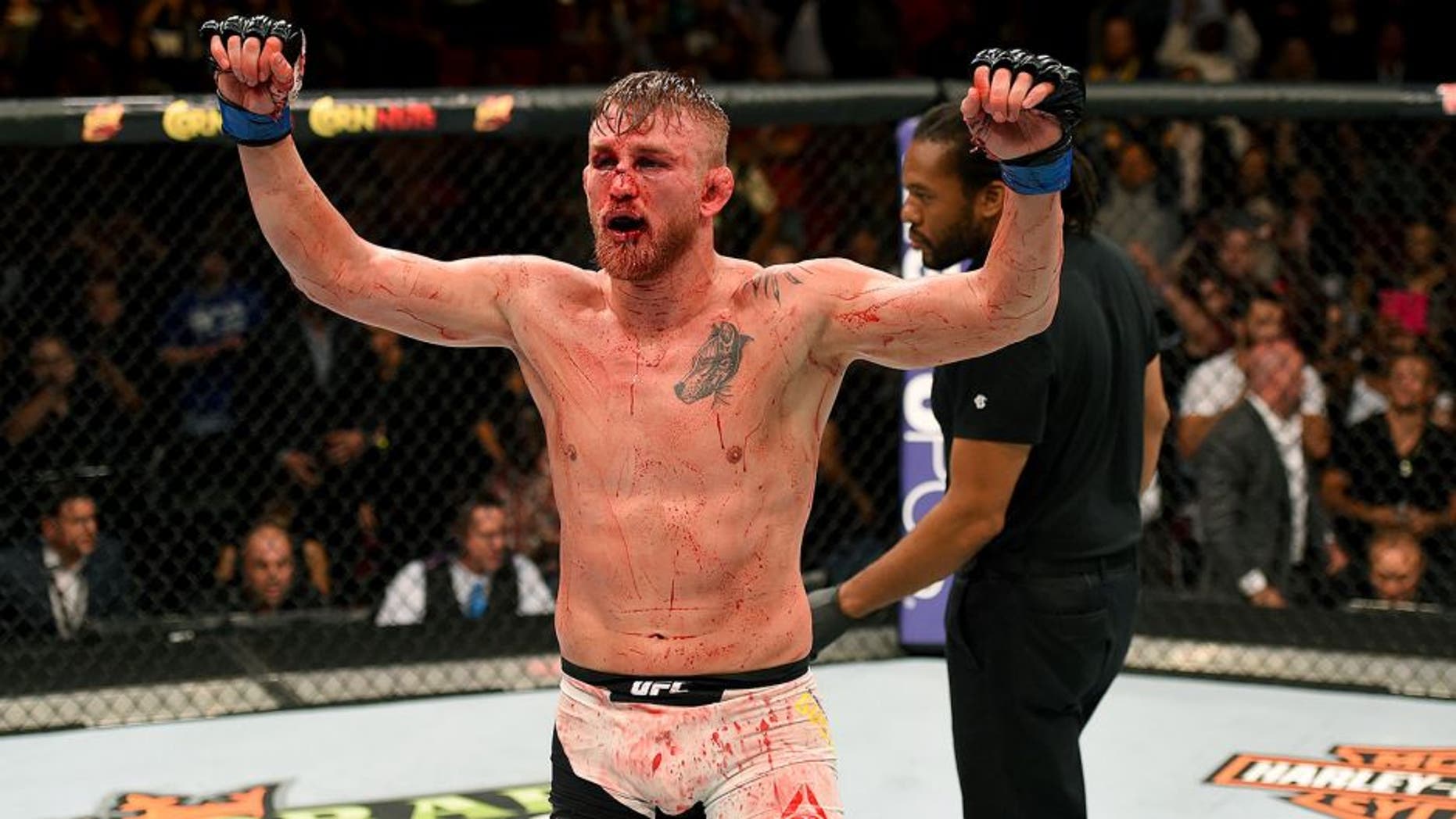 HOUSTON, TX - OCTOBER 03: Alexander Gustafsson raises his hands after facing Daniel Cormier in their UFC light heavyweight championship bout during the UFC 192 event at the Toyota Center on October 3, 2015 in Houston, Texas. (Photo by Josh Hedges/Zuffa LLC/Zuffa LLC via Getty Images)