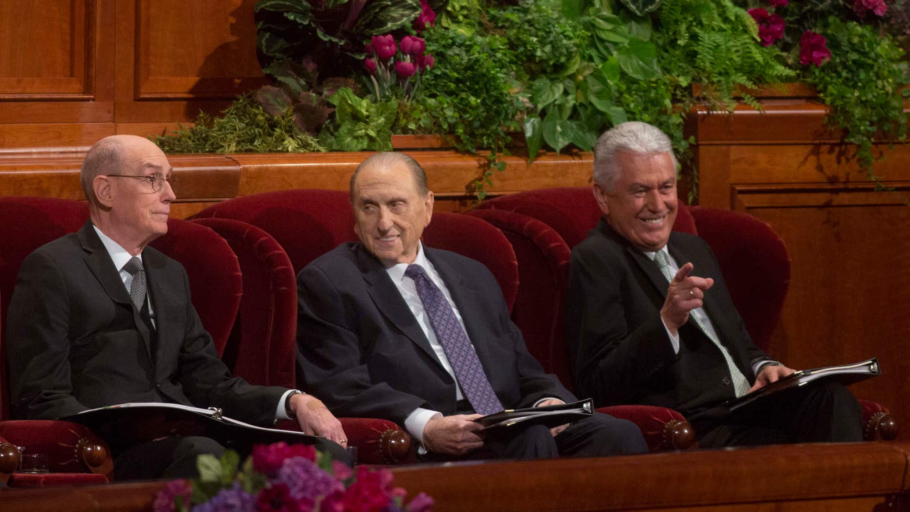 Oct. 3, 2015: Henry B. Eyring, First Counselor in the First Presidency, left, President Thomas S. Monson, of The Church of Jesus Christ of Latter-day Saints, middle, and Dieter F. Uchtdorf, Second Counselor in the First Presidency, right, attend the opening session of the two-day Mormon church conference.