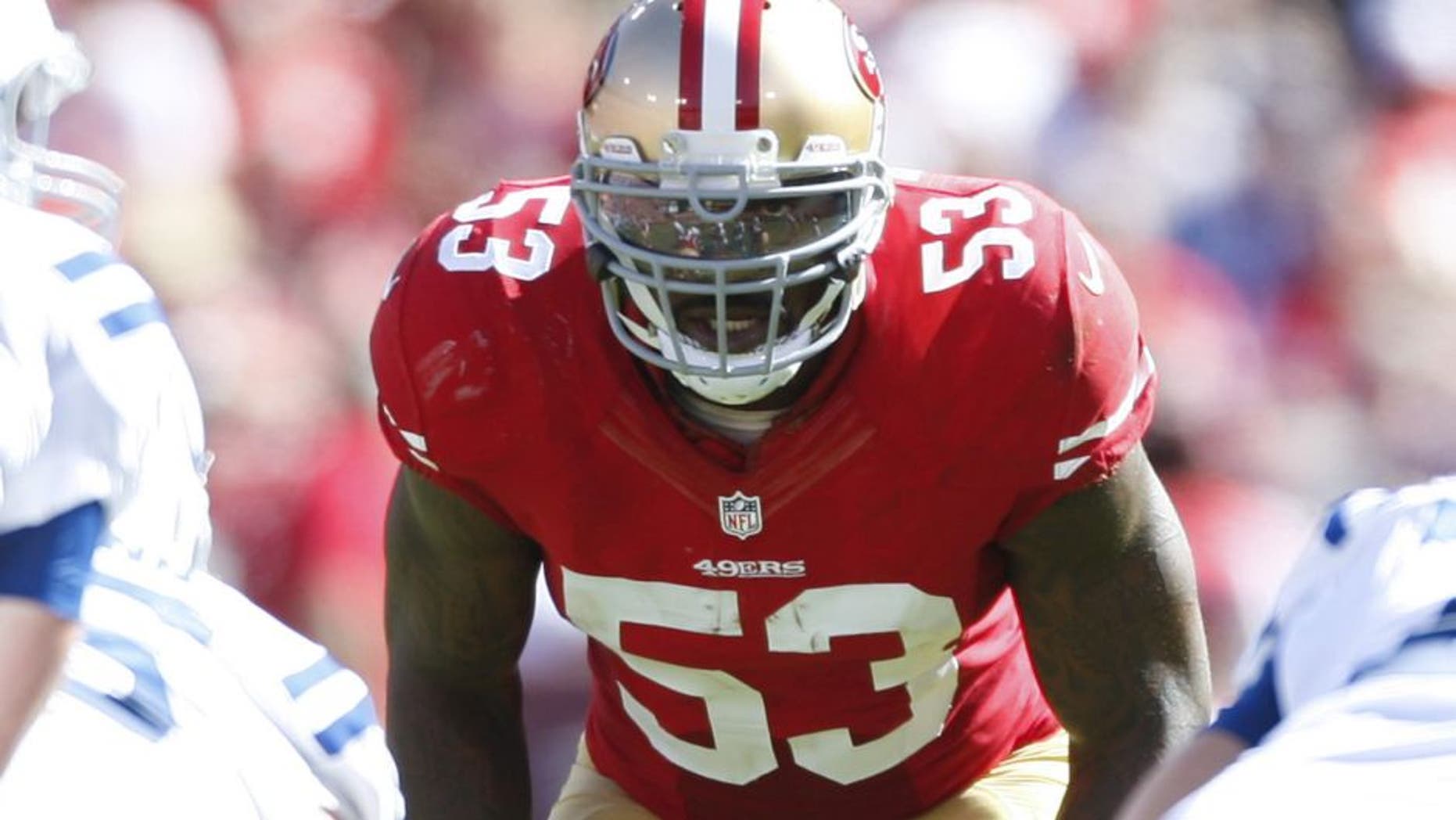 SAN FRANCISCO, CA - SEPTEMBER 22: NaVorro Bowman #53 of the San Francisco 49ers eyes the quarterback during the game against the Indianapolis Colts at Candlestick Park on September 22, 2013 in San Francisco, California. The Colts defeated the 49ers 27-7. (Photo by Michael Zagaris/San Francisco 49ers/Getty Images) *** Local Caption *** NaVorro Bowman
